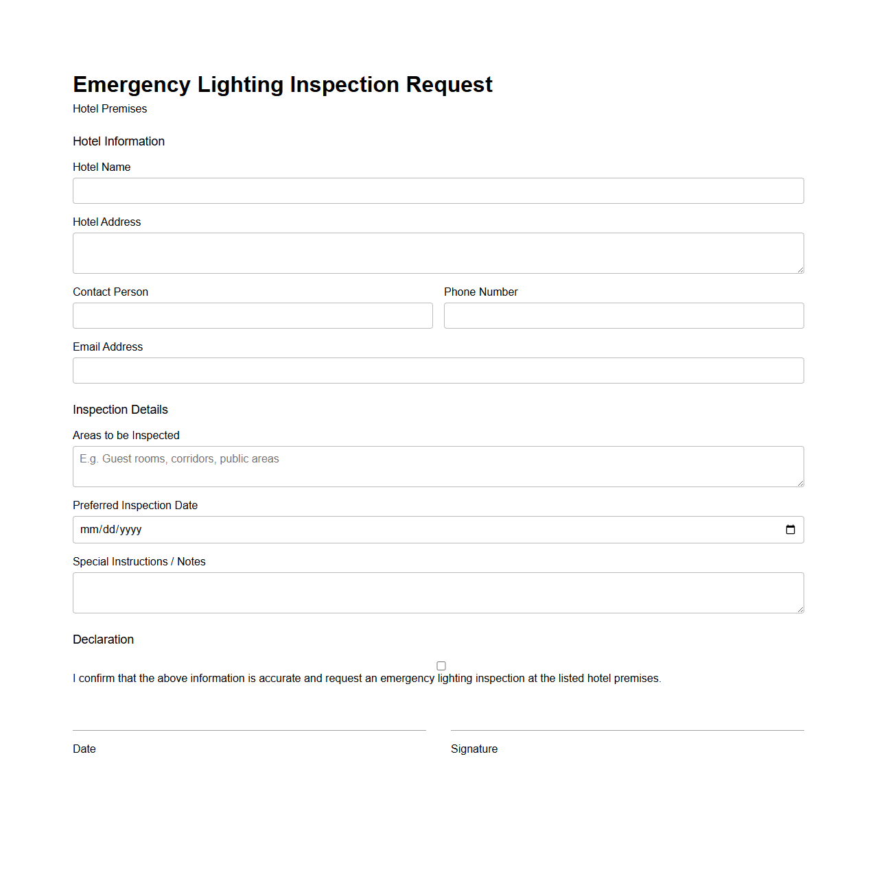 Emergency Lighting Inspection Request for Hotel Premises