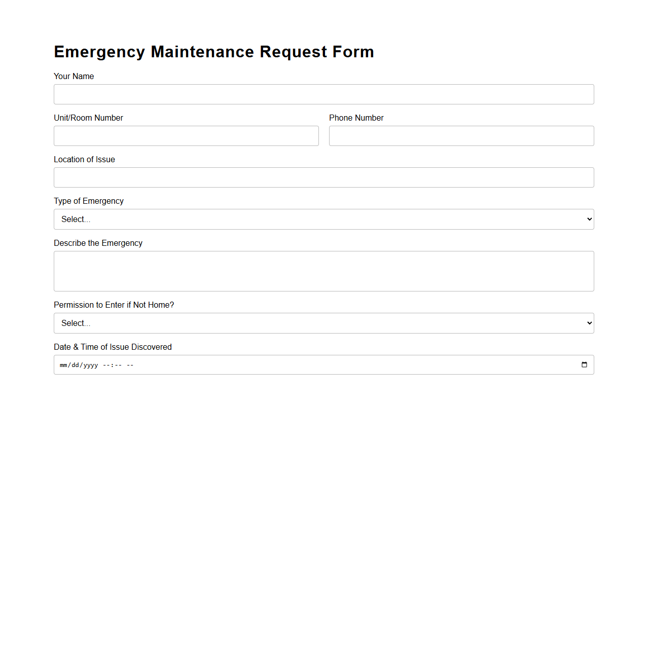 Emergency Maintenance Request Form Template