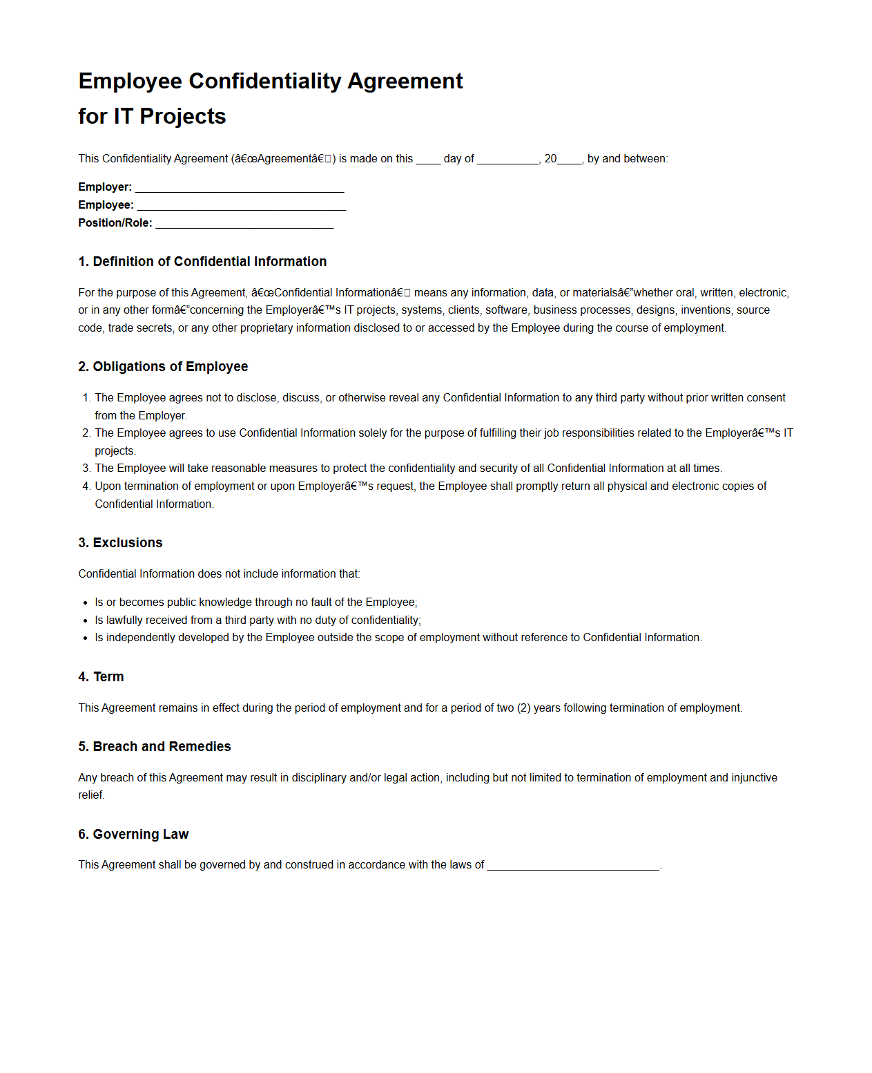 Employee Confidentiality Agreement for IT Projects