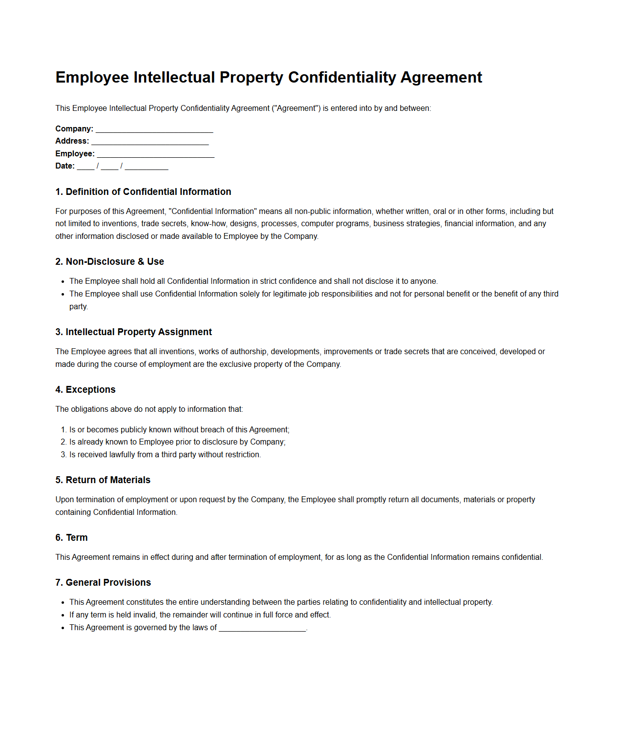 Employee Intellectual Property Confidentiality Agreement