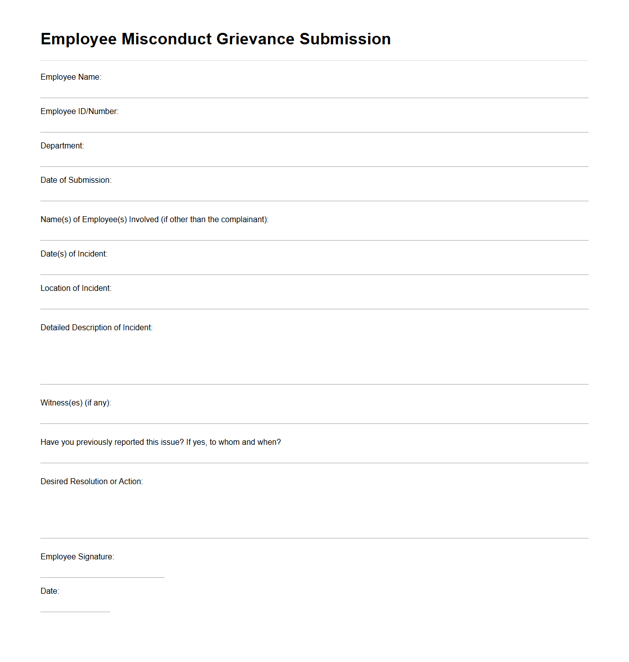 Employee Misconduct Grievance Submission Sample