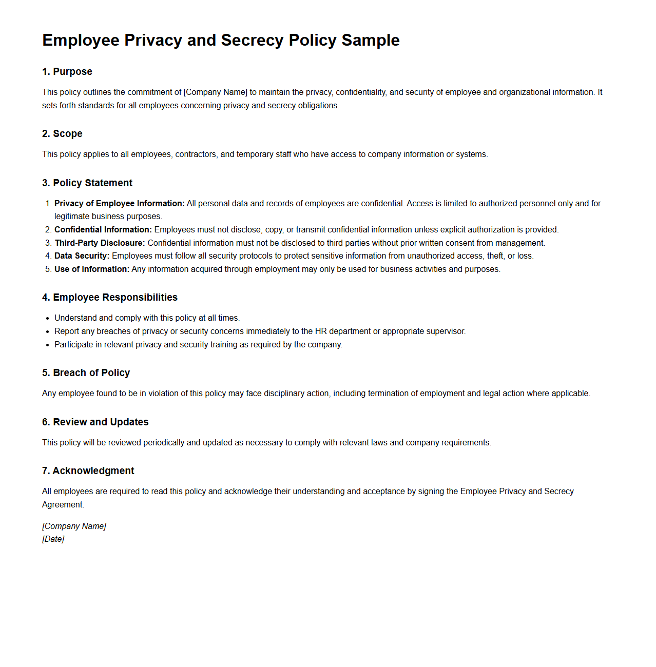 Employee Privacy and Secrecy Policy Sample