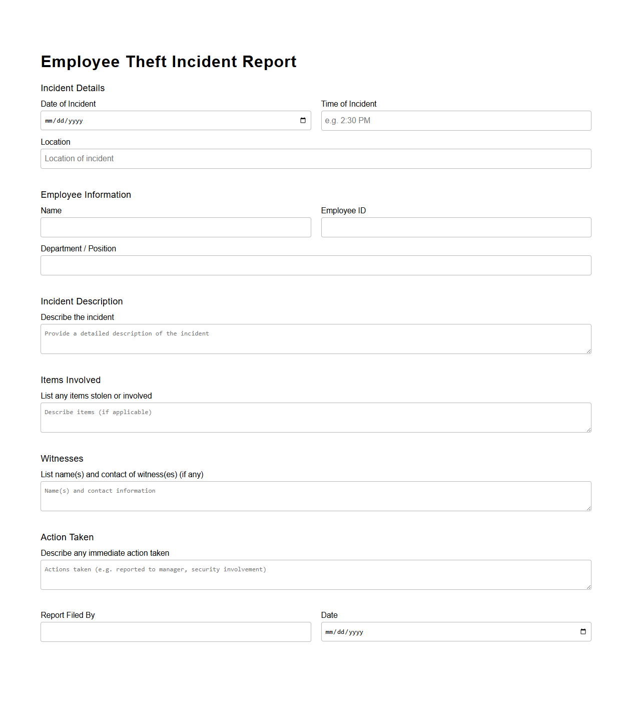 Employee Theft Incident Report Sample
