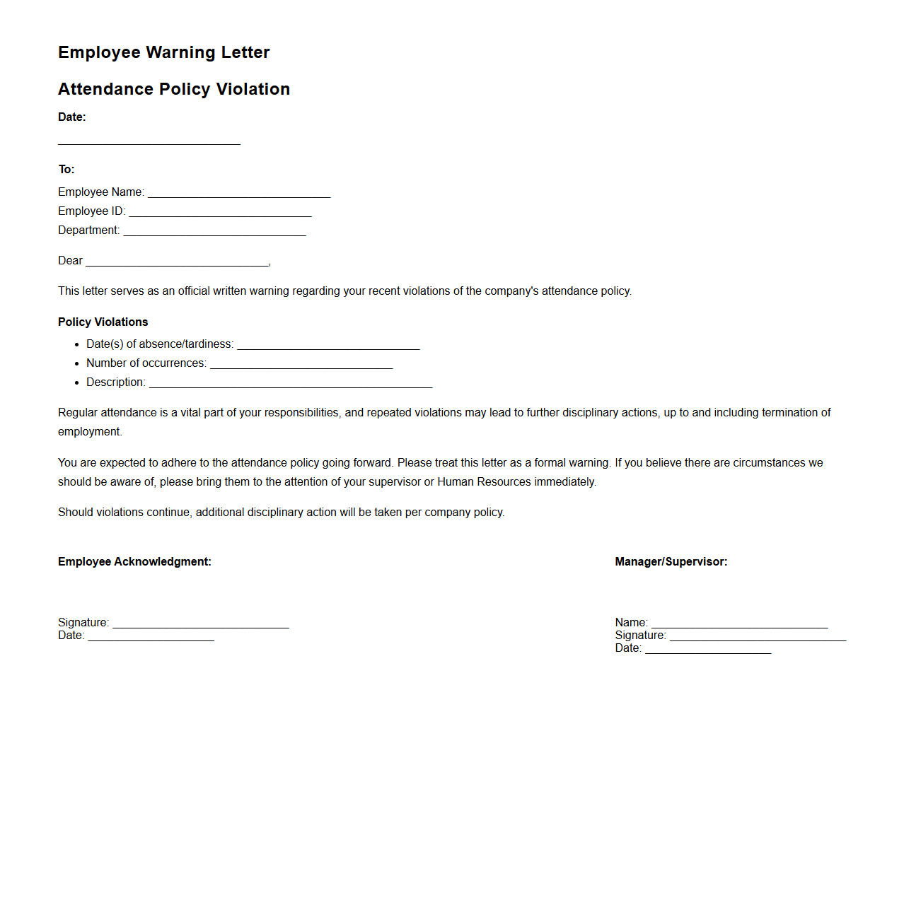 Employee Warning Letter for Attendance Policy Violation