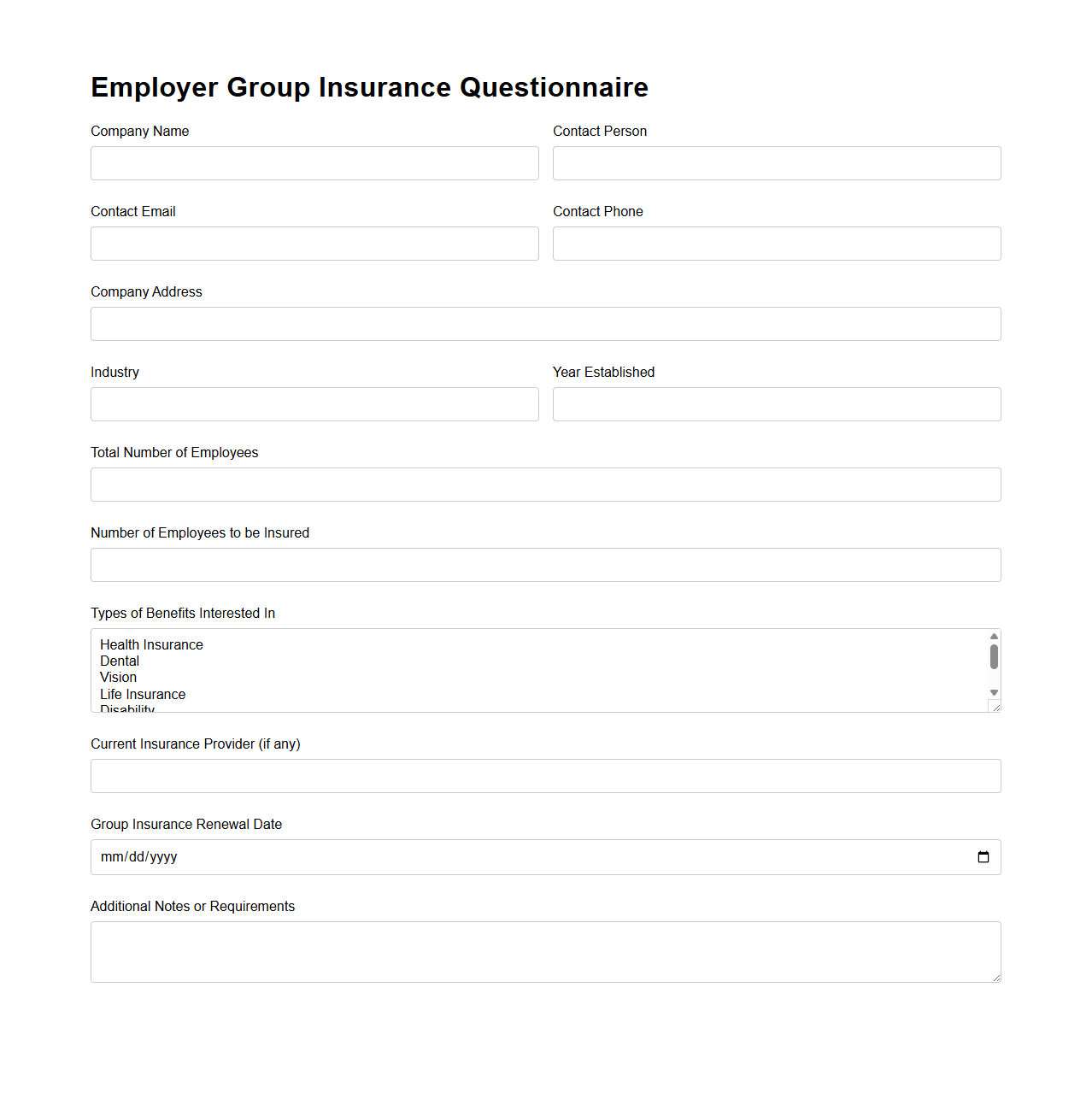 Employer Group Insurance Questionnaire
