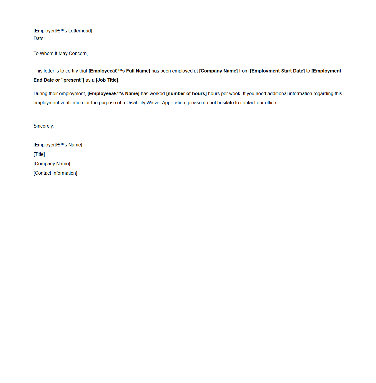 Employer Verification Letter for Disability Waiver Application