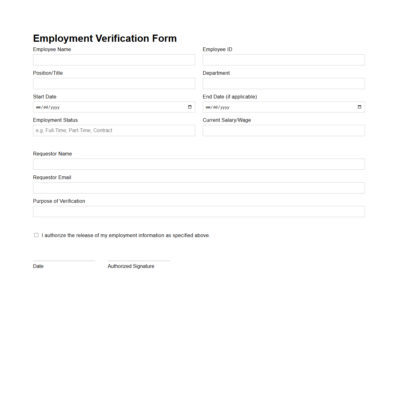 Employment Verification Form Sample