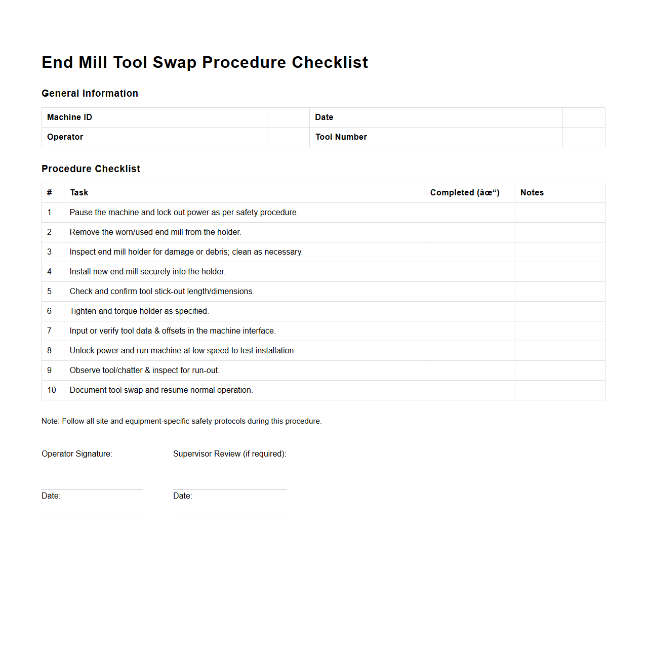 End Mill Tool Swap Procedure Checklist