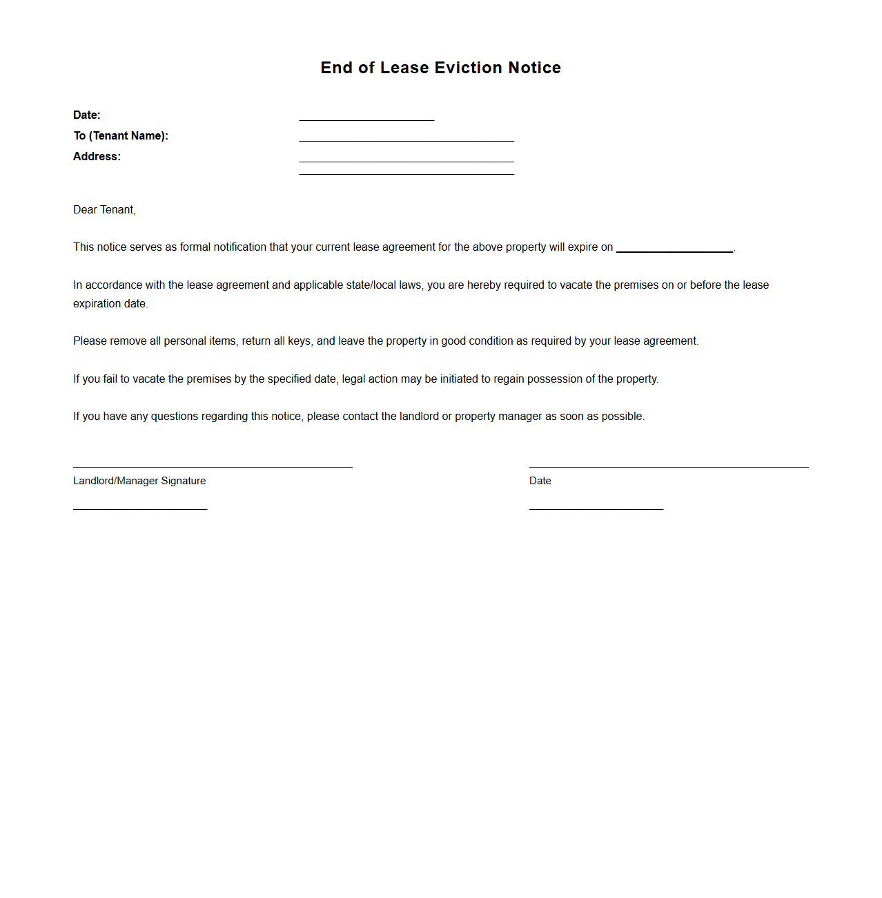 End of Lease Eviction Notice Sample