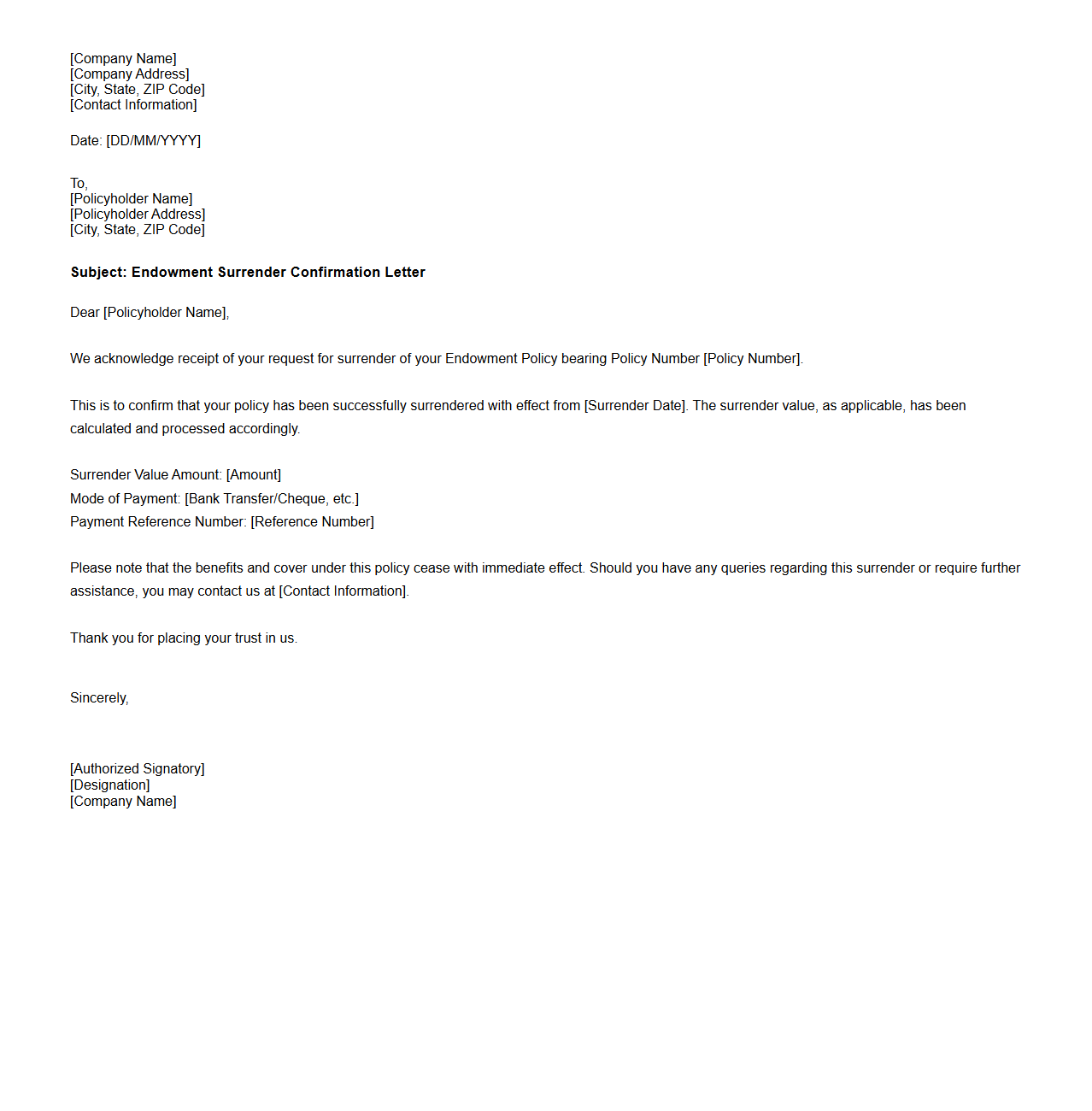 Endowment Surrender Confirmation Letter Format