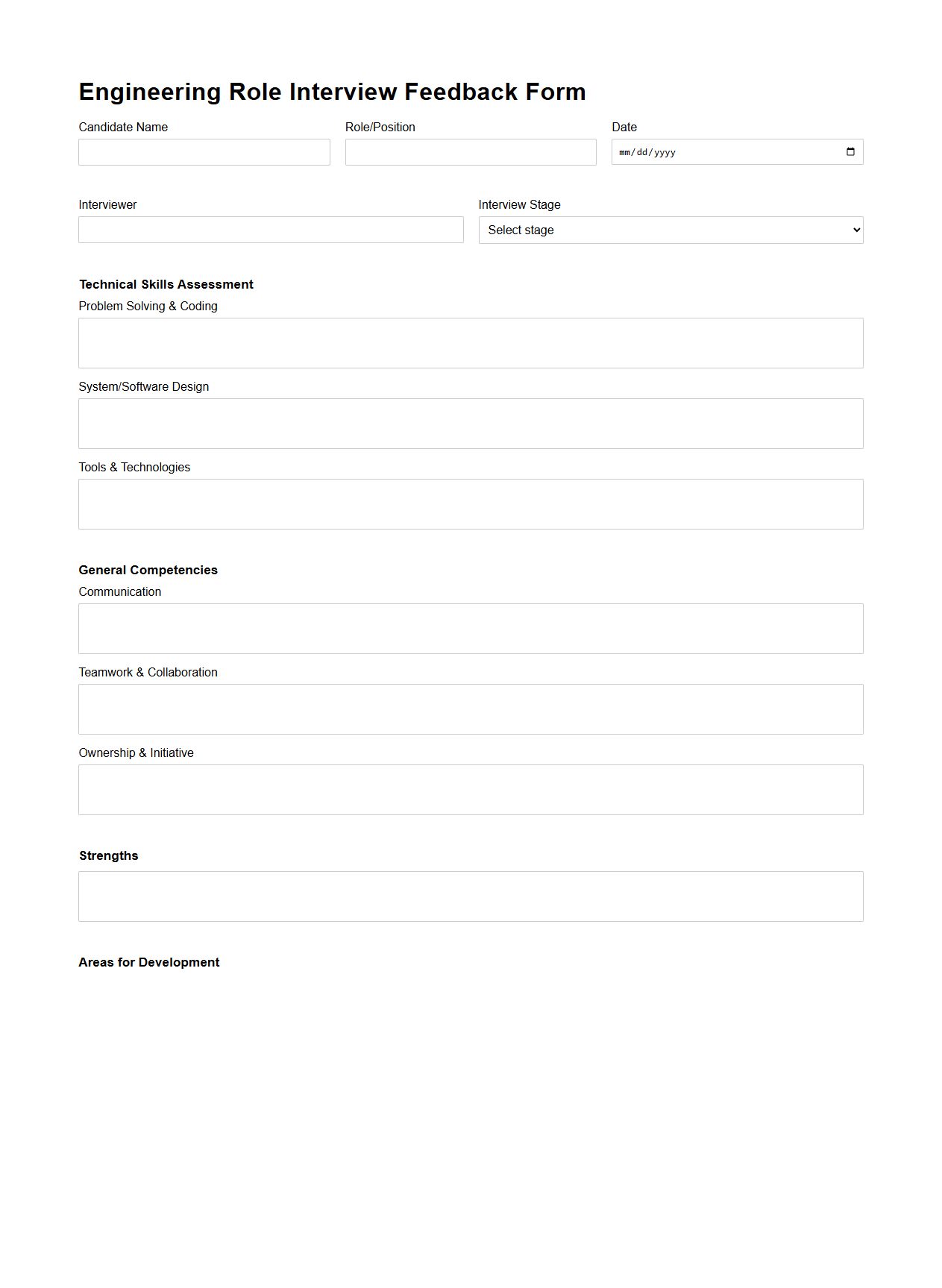 Engineering Role Interview Feedback Form