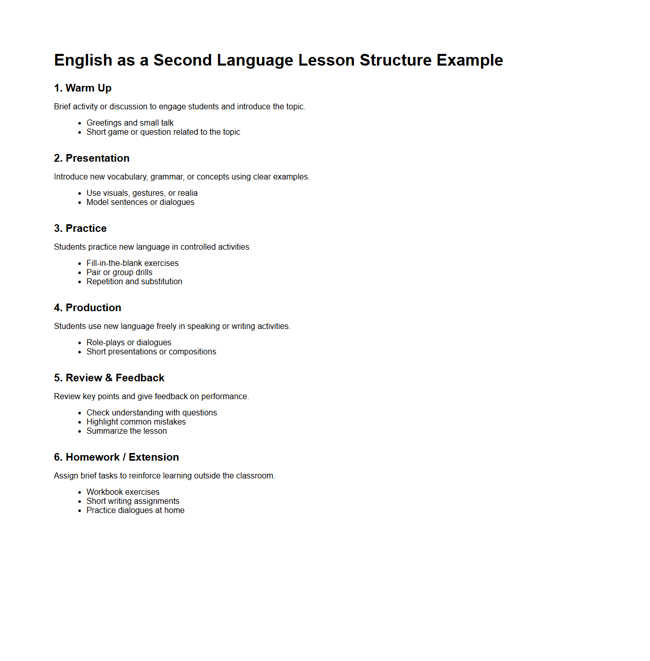 English as a Second Language Lesson Structure Example