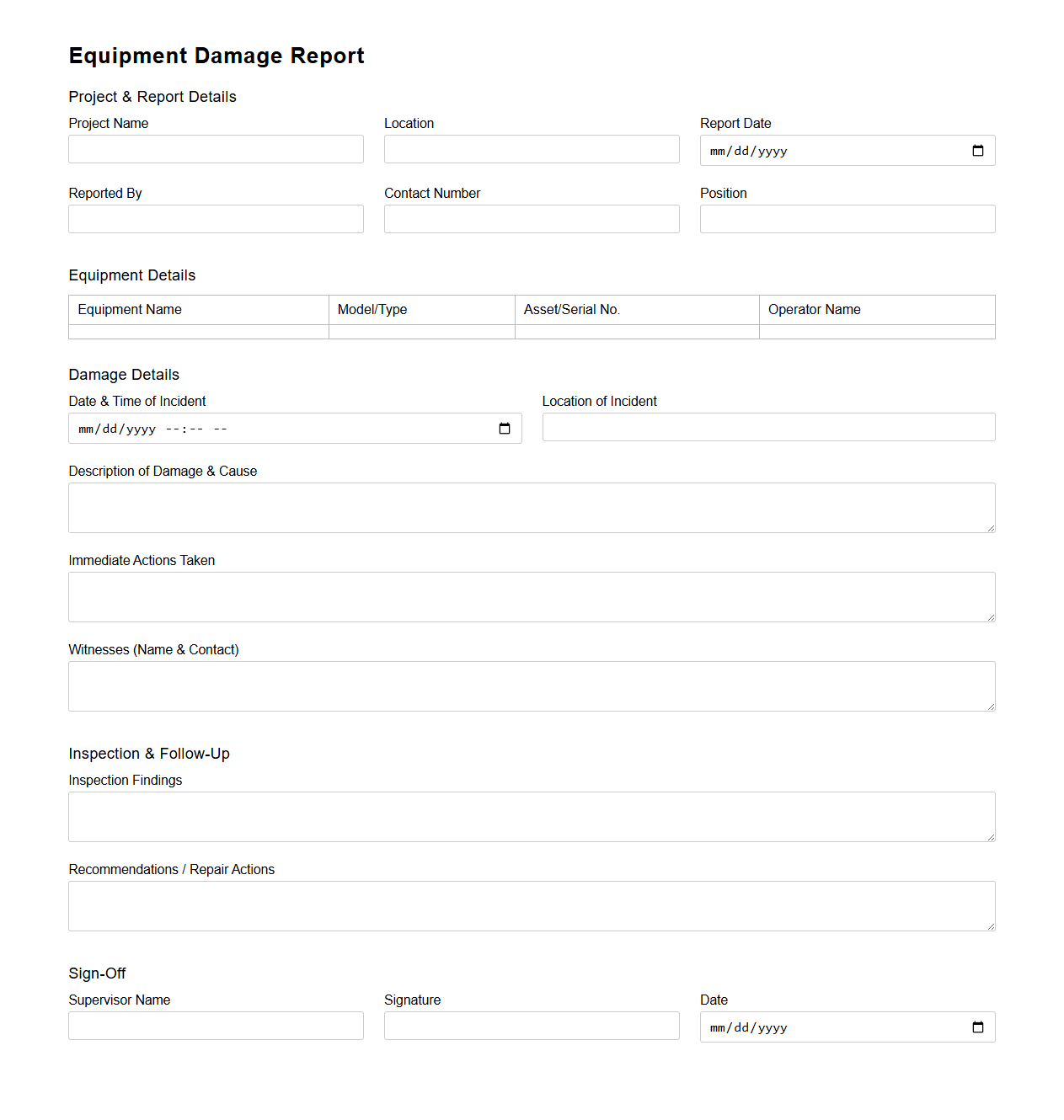 Equipment Damage Report Example for Construction Projects