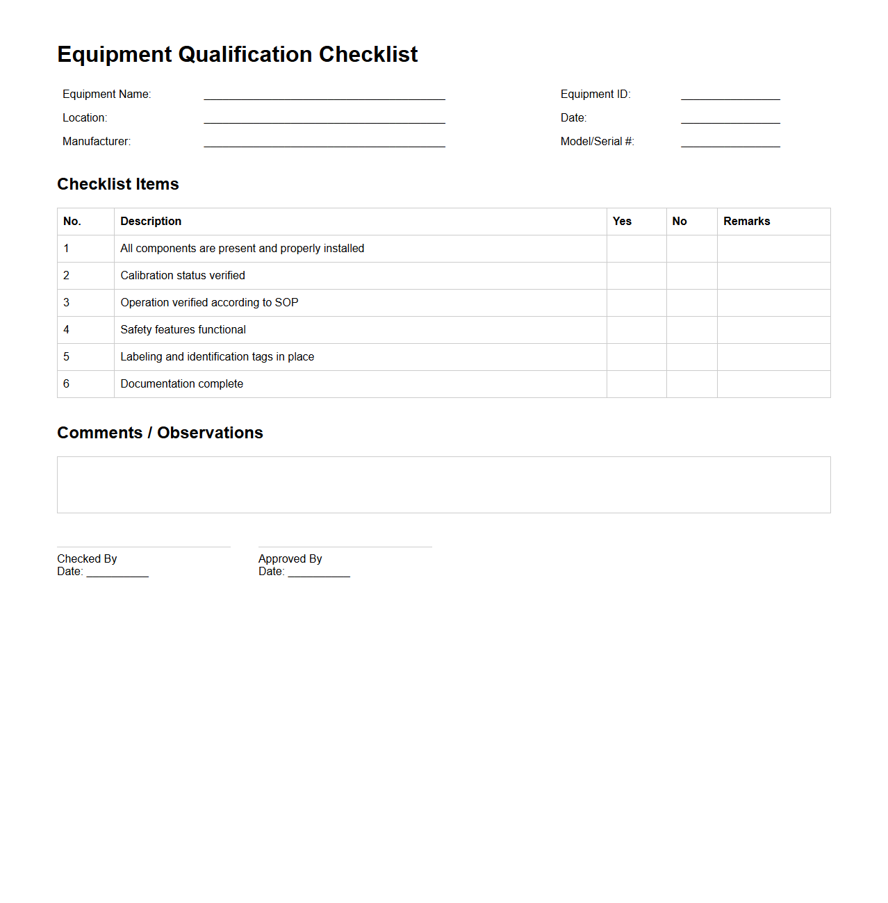 Equipment Qualification Checklist Sample