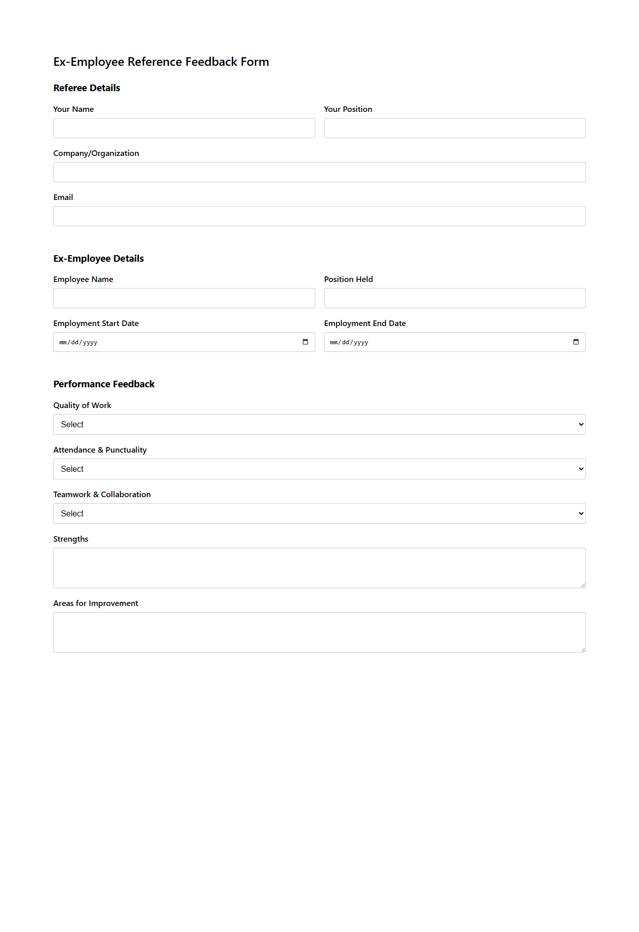 Ex-Employee Reference Feedback Form