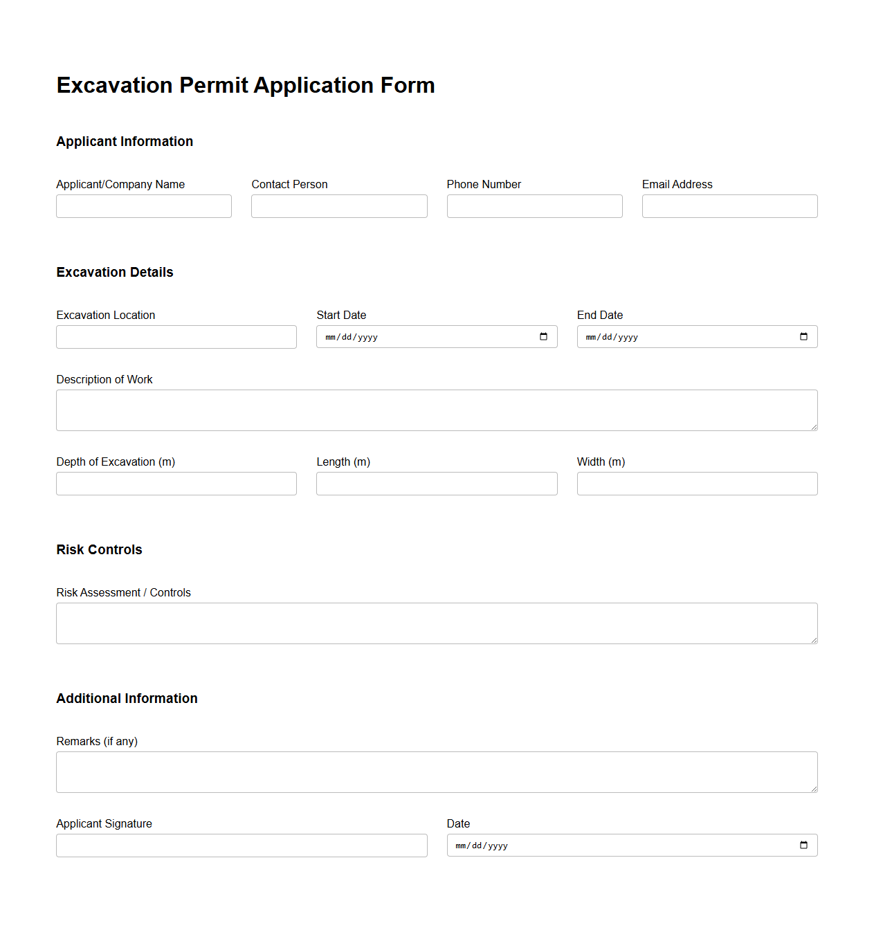Excavation Permit Application Form Template