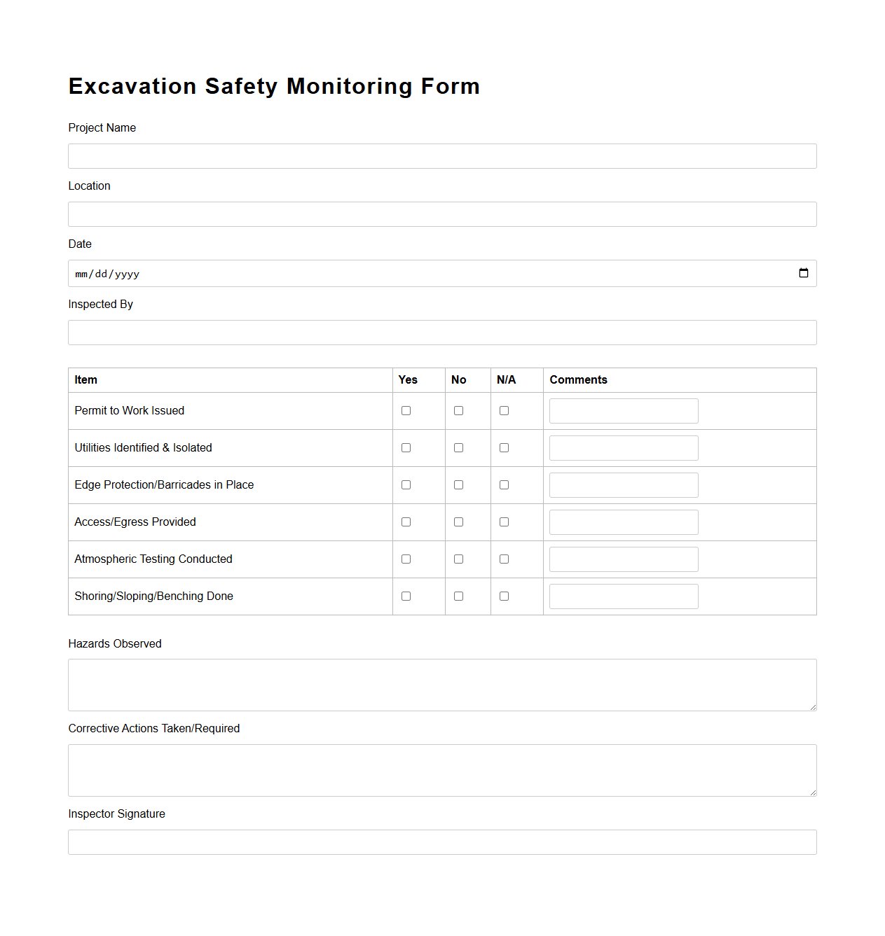 Excavation Safety Monitoring Form