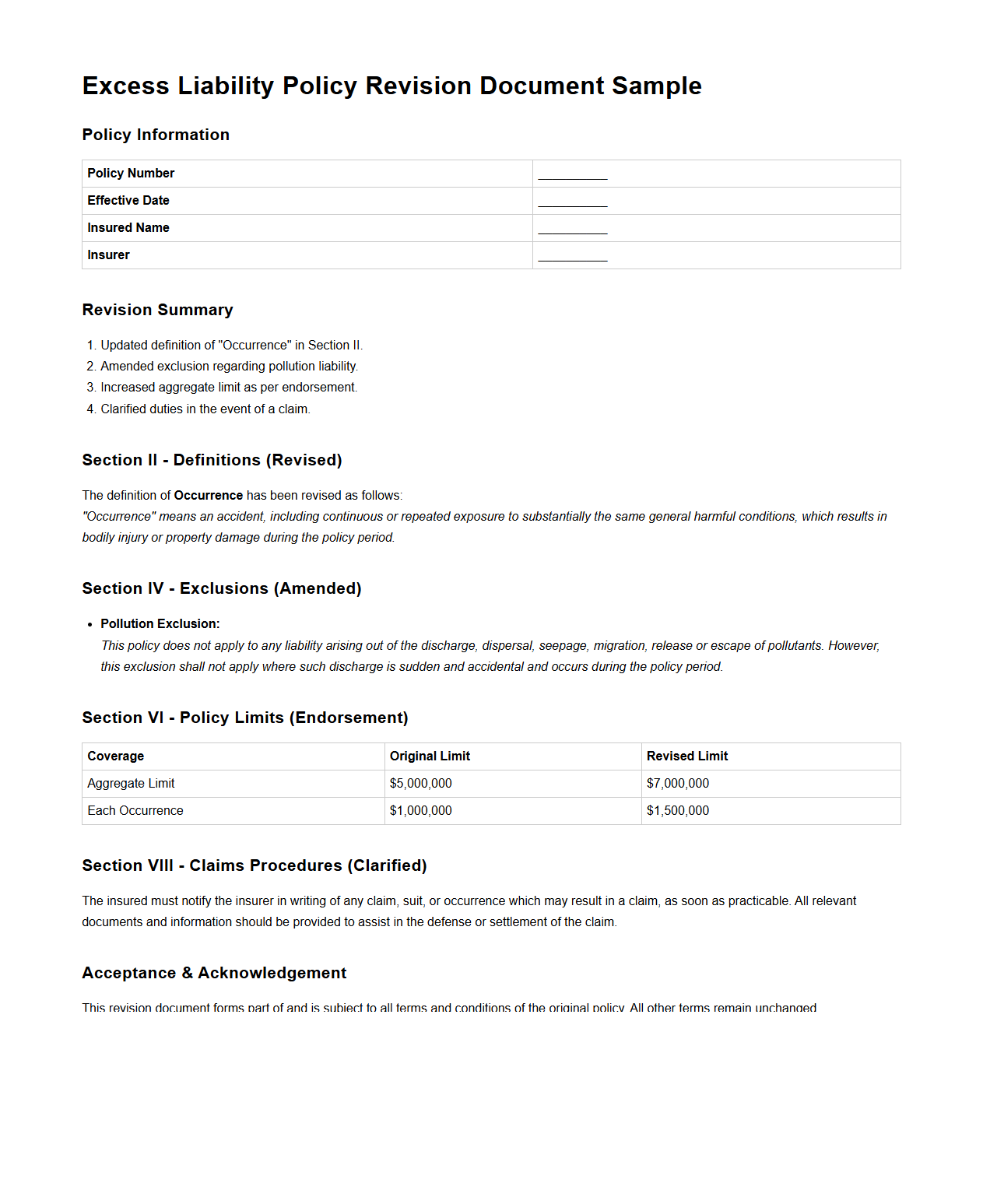 Excess Liability Policy Revision Document Sample