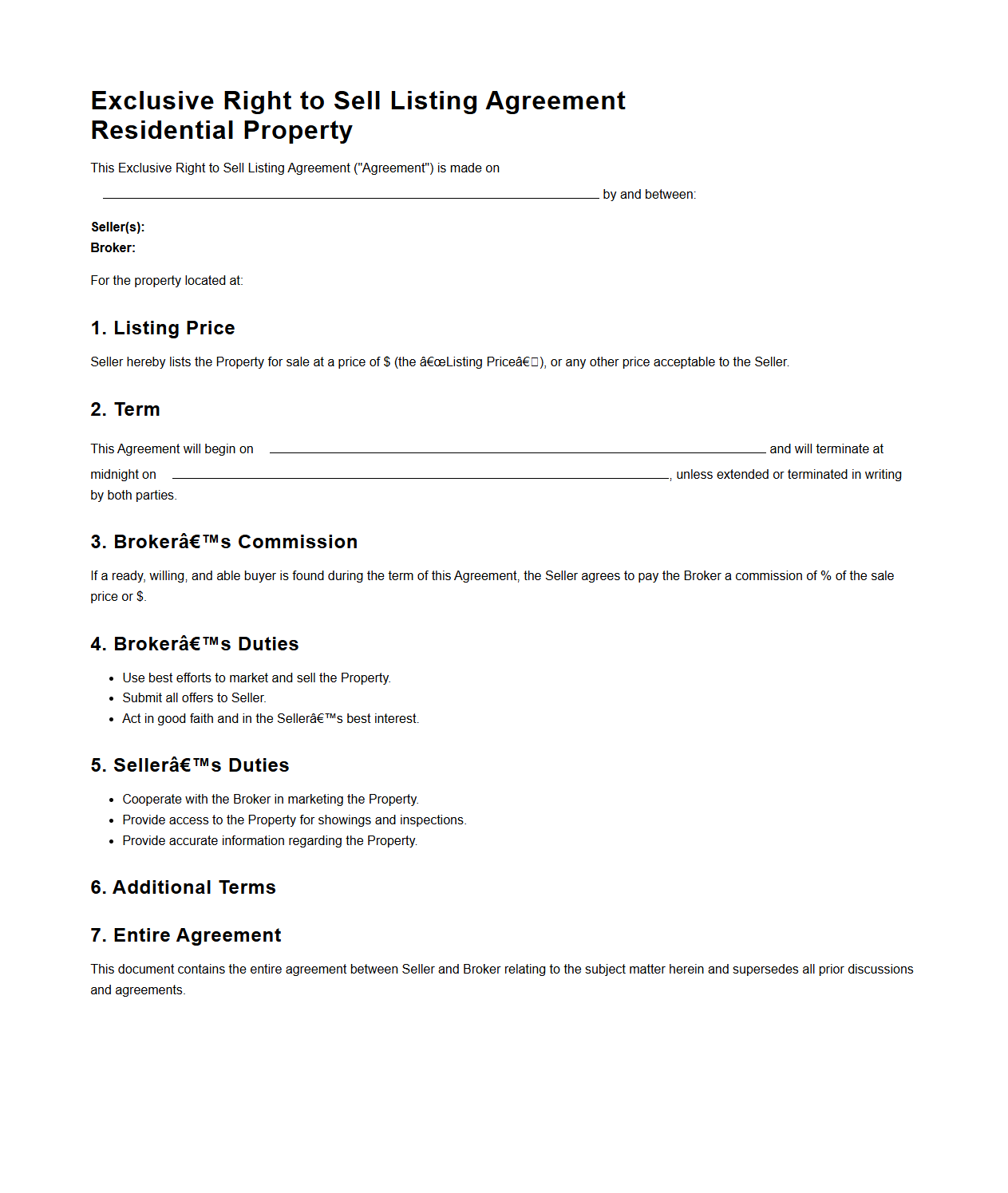 Exclusive Right to Sell Listing Agreement for Residential Property