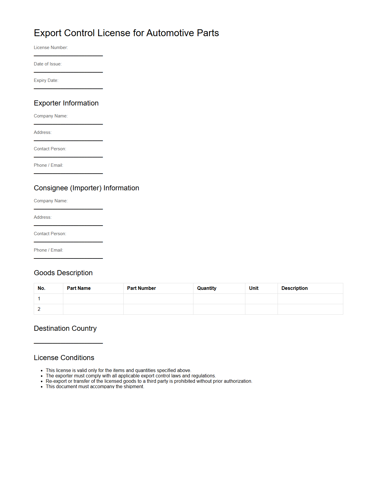 Export Control License for Automotive Parts