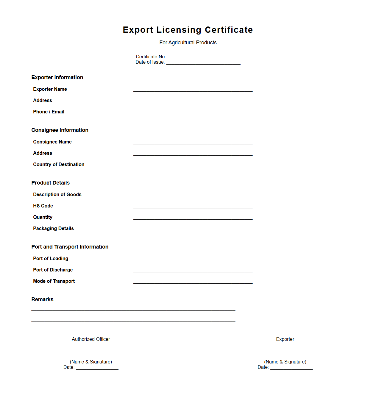 Export Licensing Certificate for Agricultural Products