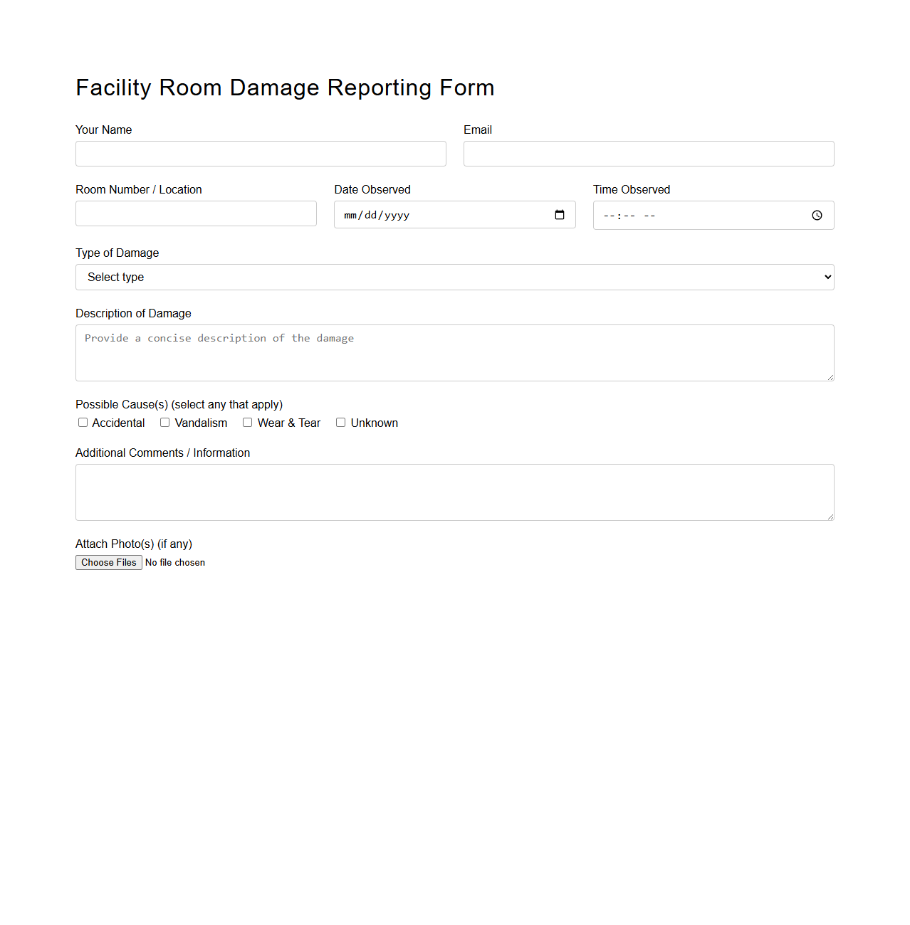 Facility Room Damage Reporting Form
