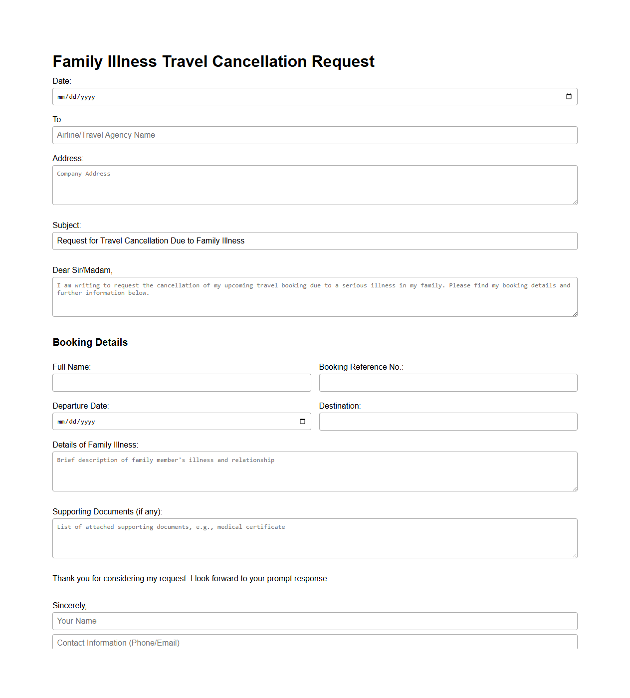 Family Illness Travel Cancellation Request Sample