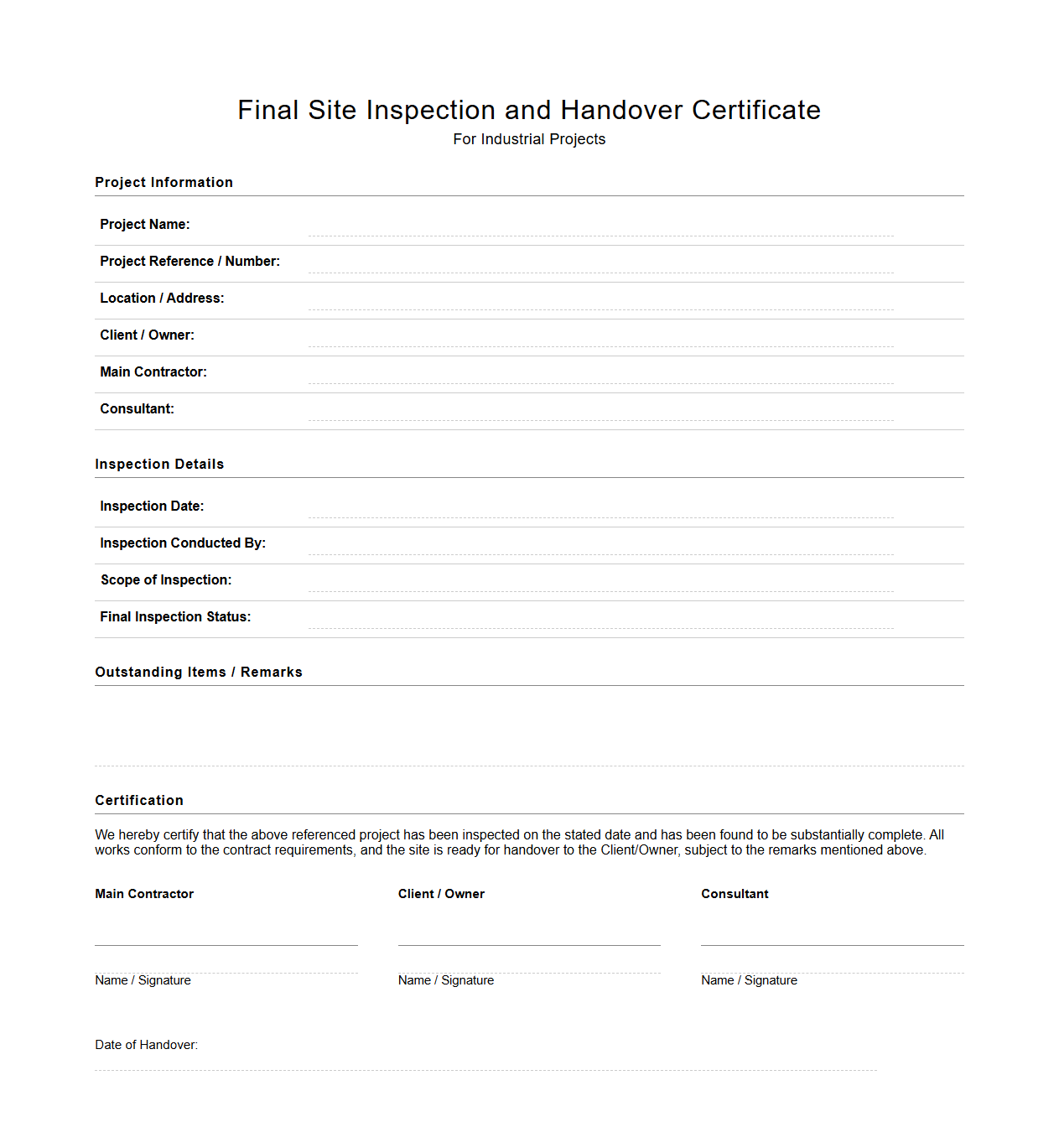 Final Site Inspection and Handover Certificate for Industrial Projects
