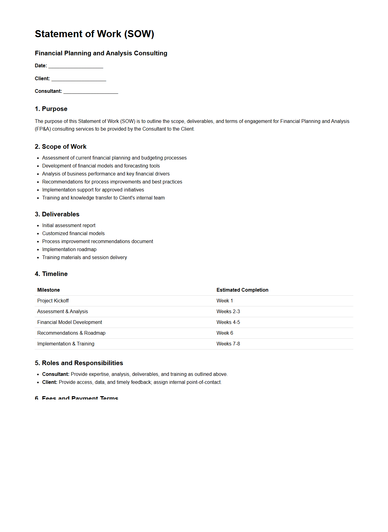 Financial Planning and Analysis Consulting SOW Sample
