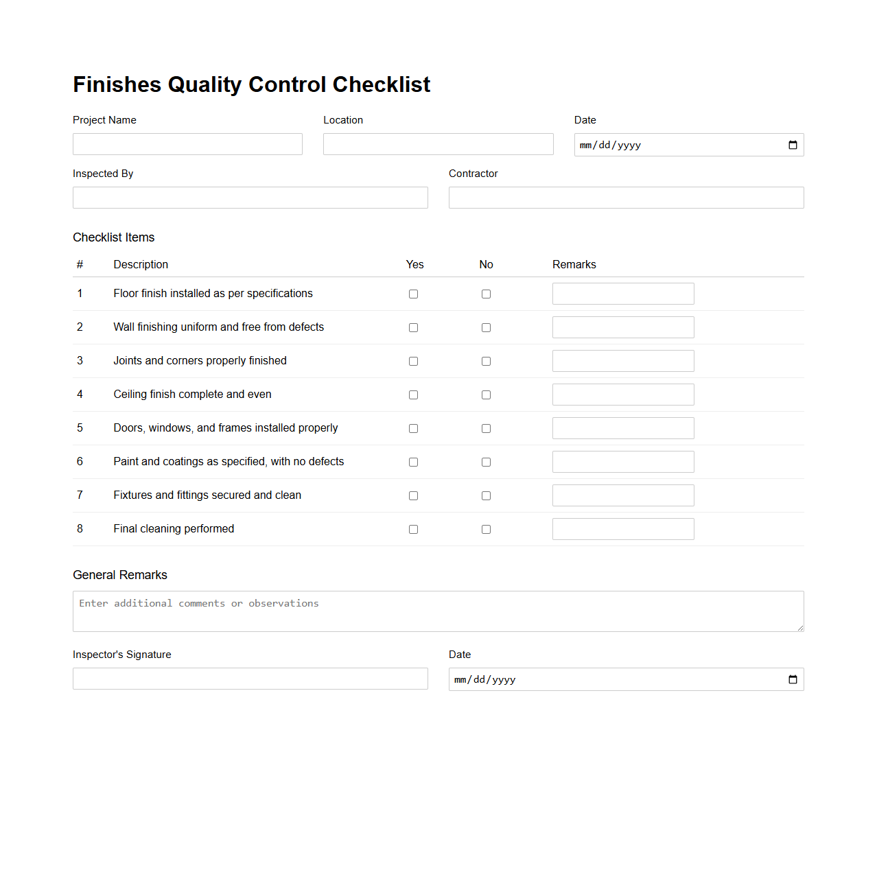Finishes Quality Control Checklist