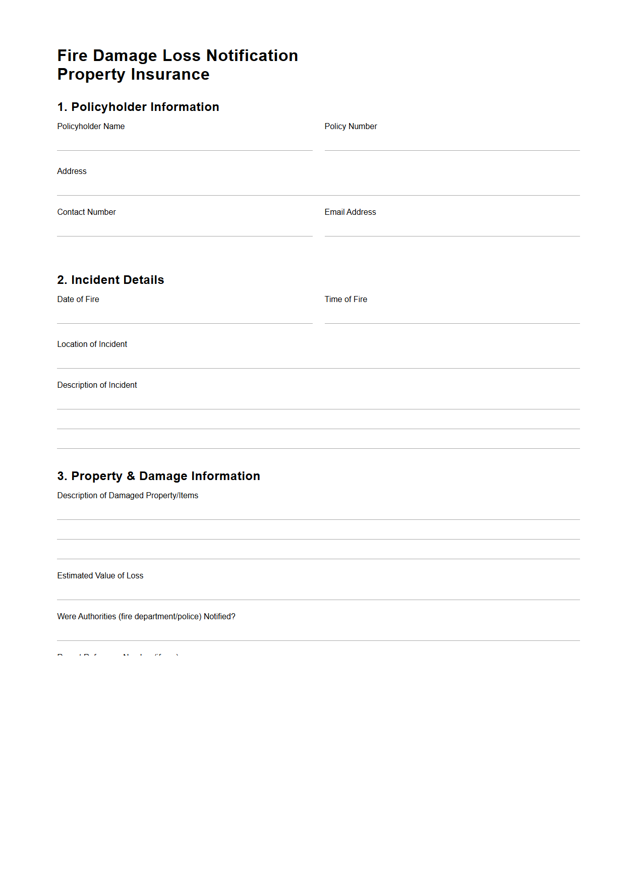 Fire Damage Loss Notification Template for Property Insurance