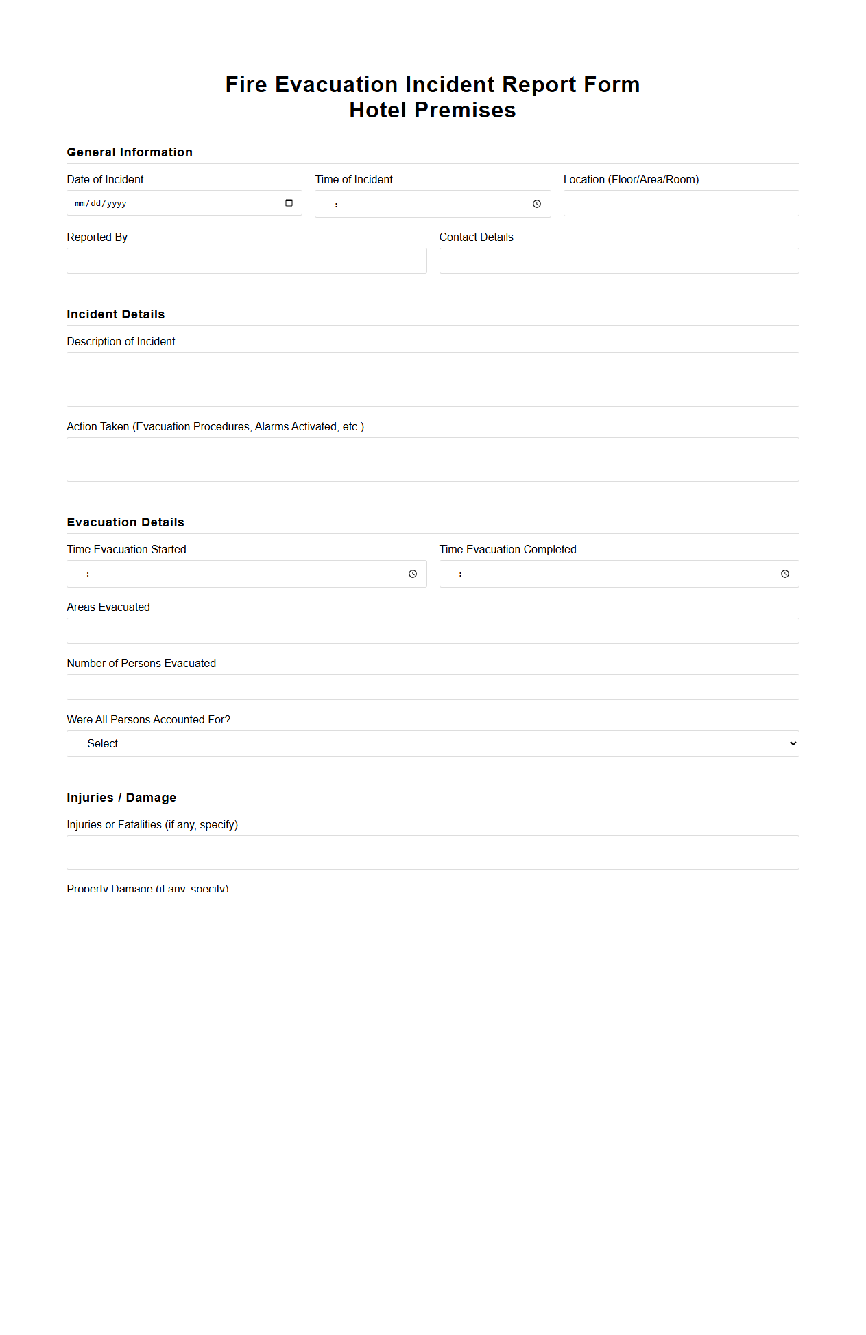 Fire Evacuation Incident Report Form Sample for Hotel Premises