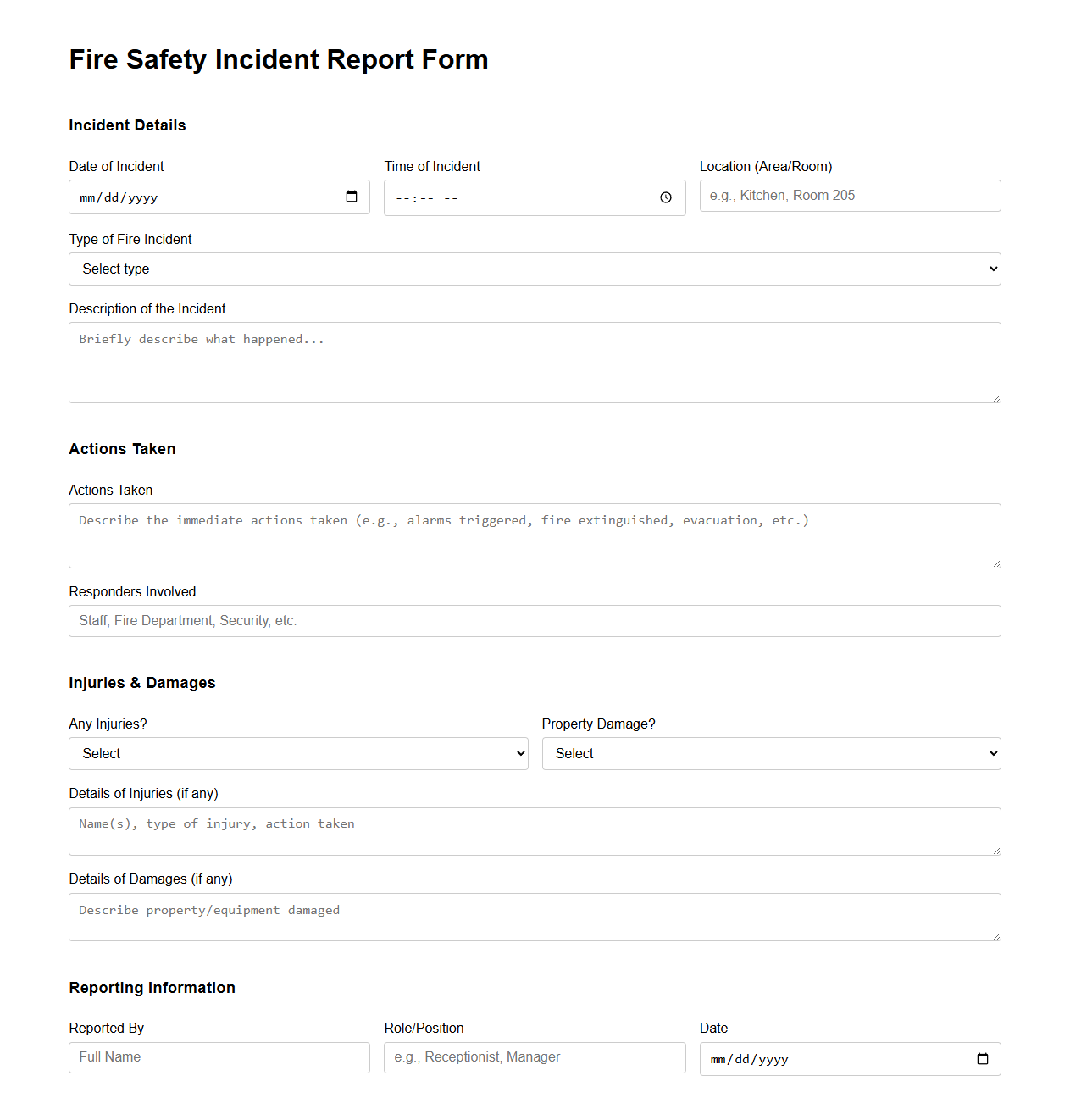 Fire Safety Incident Report Form for Hospitality