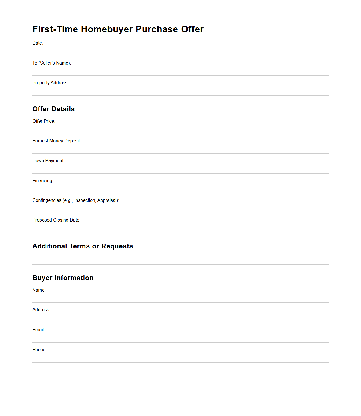 First-Time Homebuyer Purchase Offer Sample