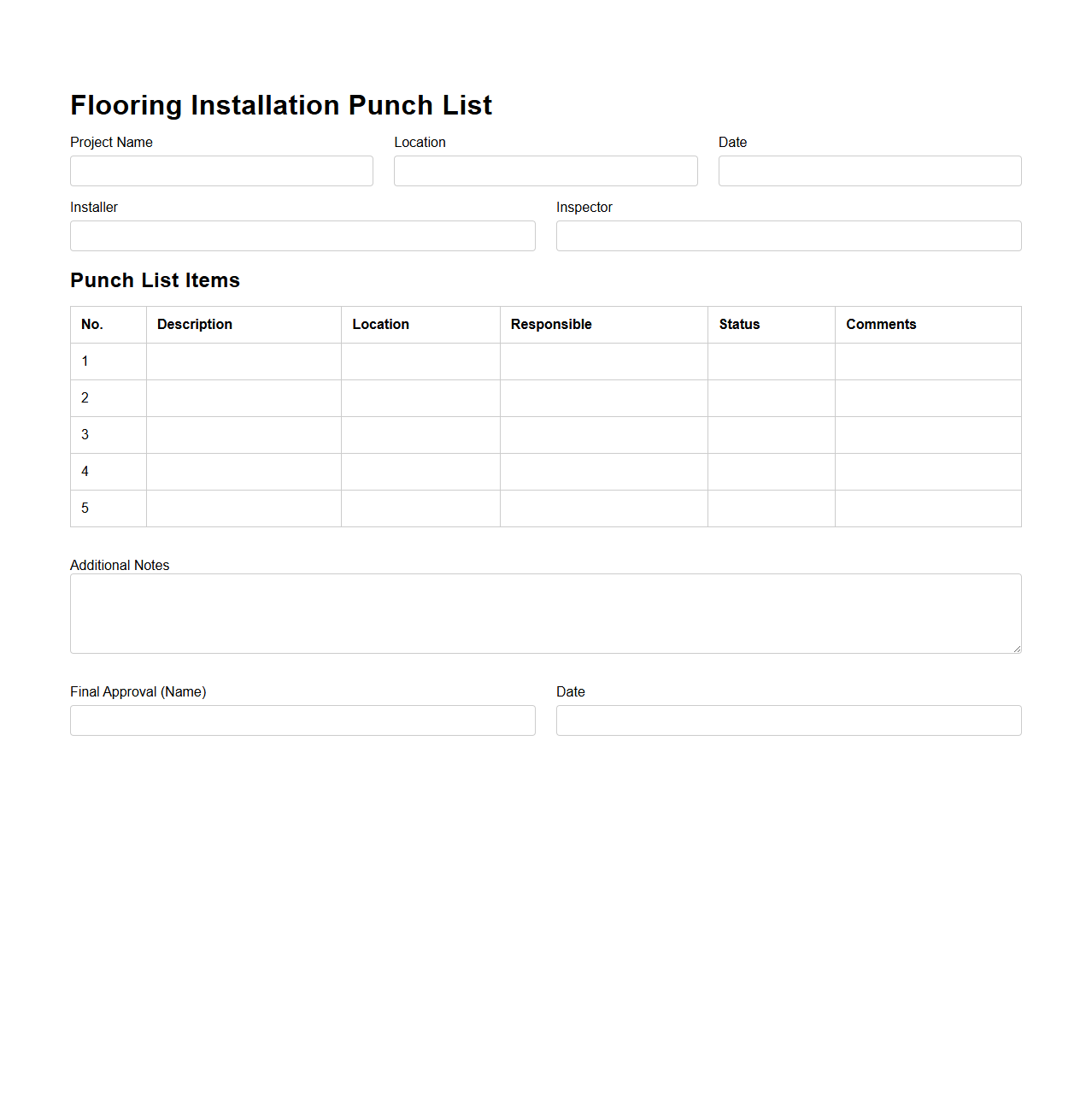 Flooring Installation Punch List Template