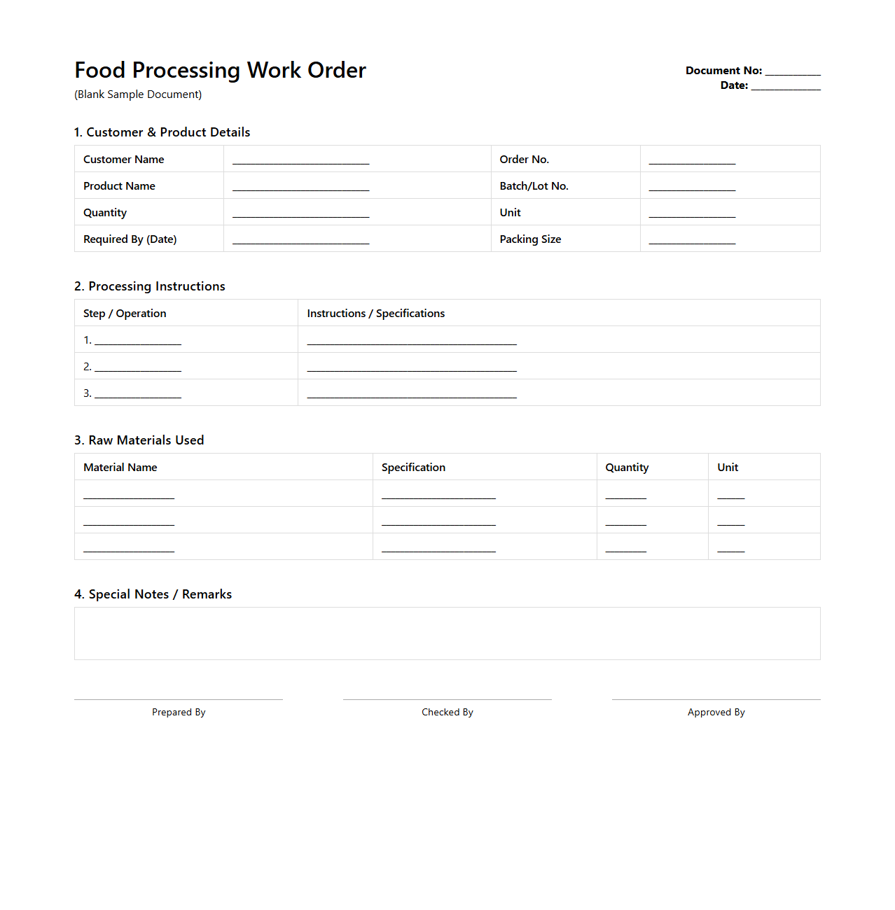 Food Processing Work Order Document