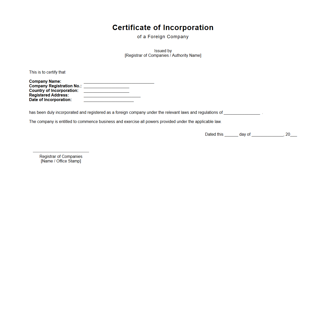 Foreign Company Certificate of Incorporation Sample