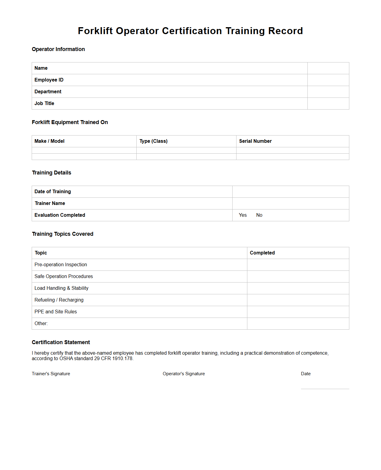 Forklift Operator Certification Training Record