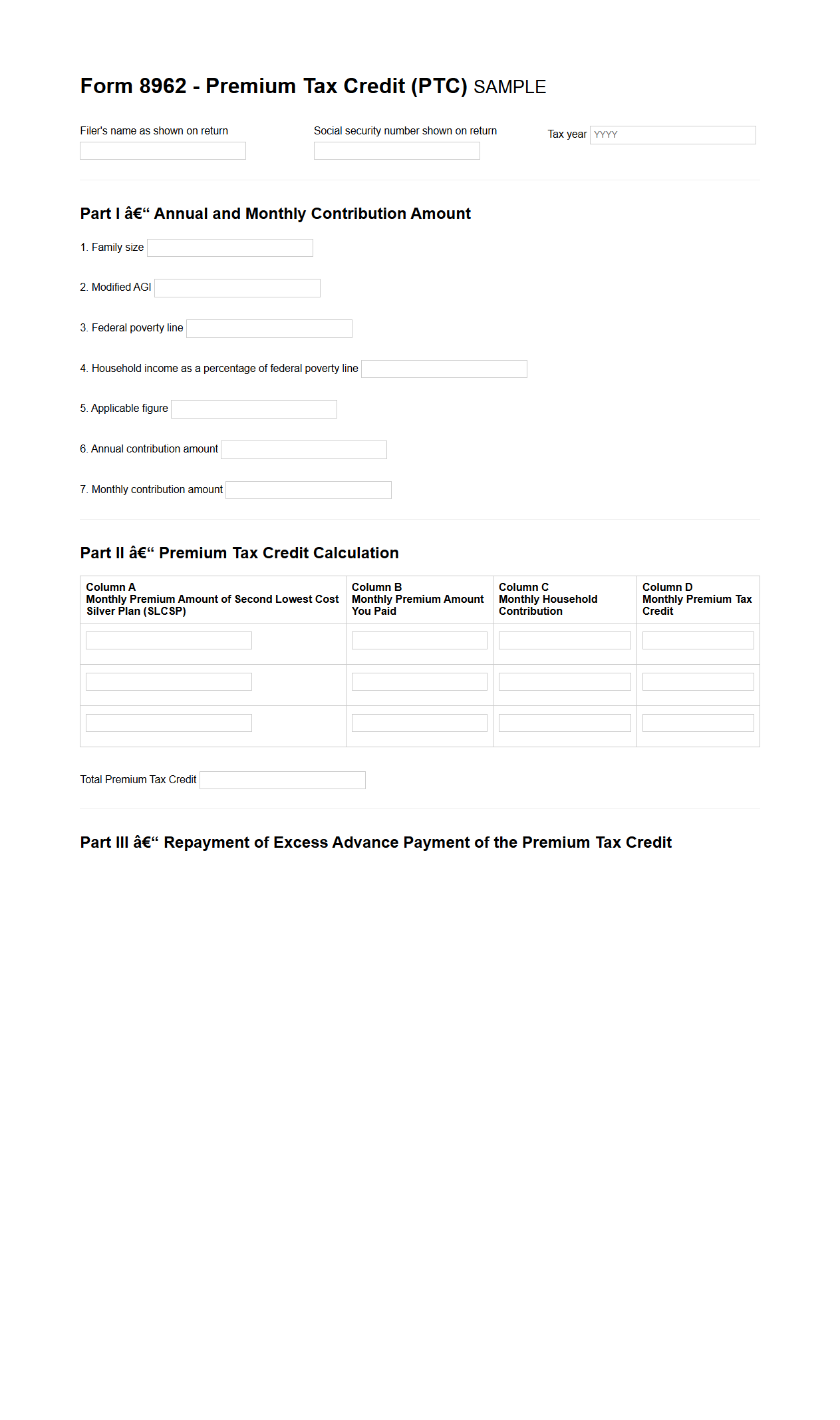 Form 8962 Sample for Premium Tax Credit