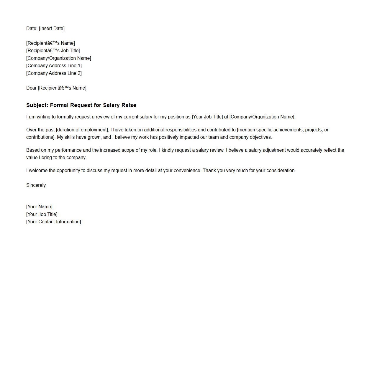 Formal Pay Raise Request Letter Template
