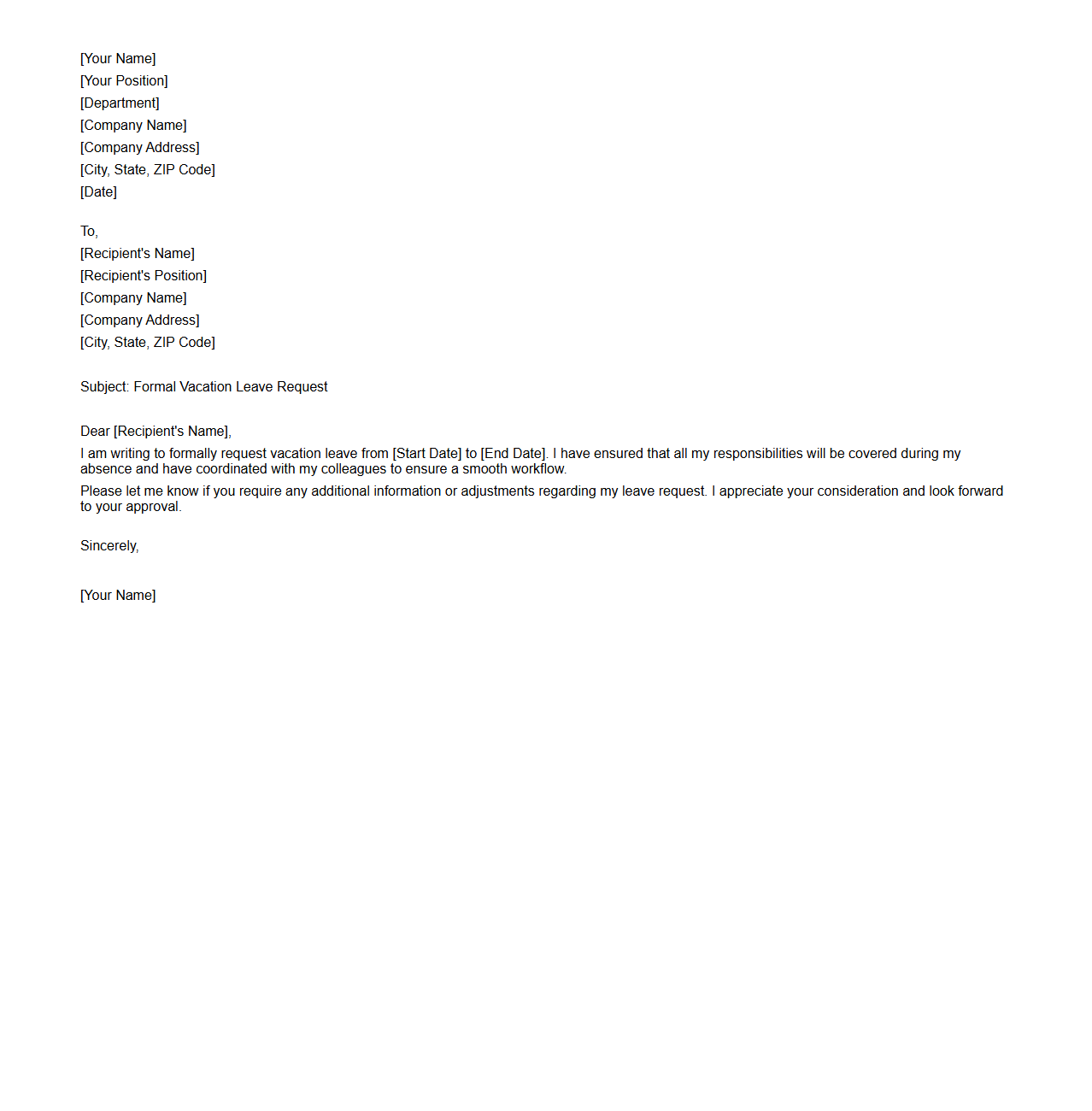 Formal Vacation Leave Request Letter Sample