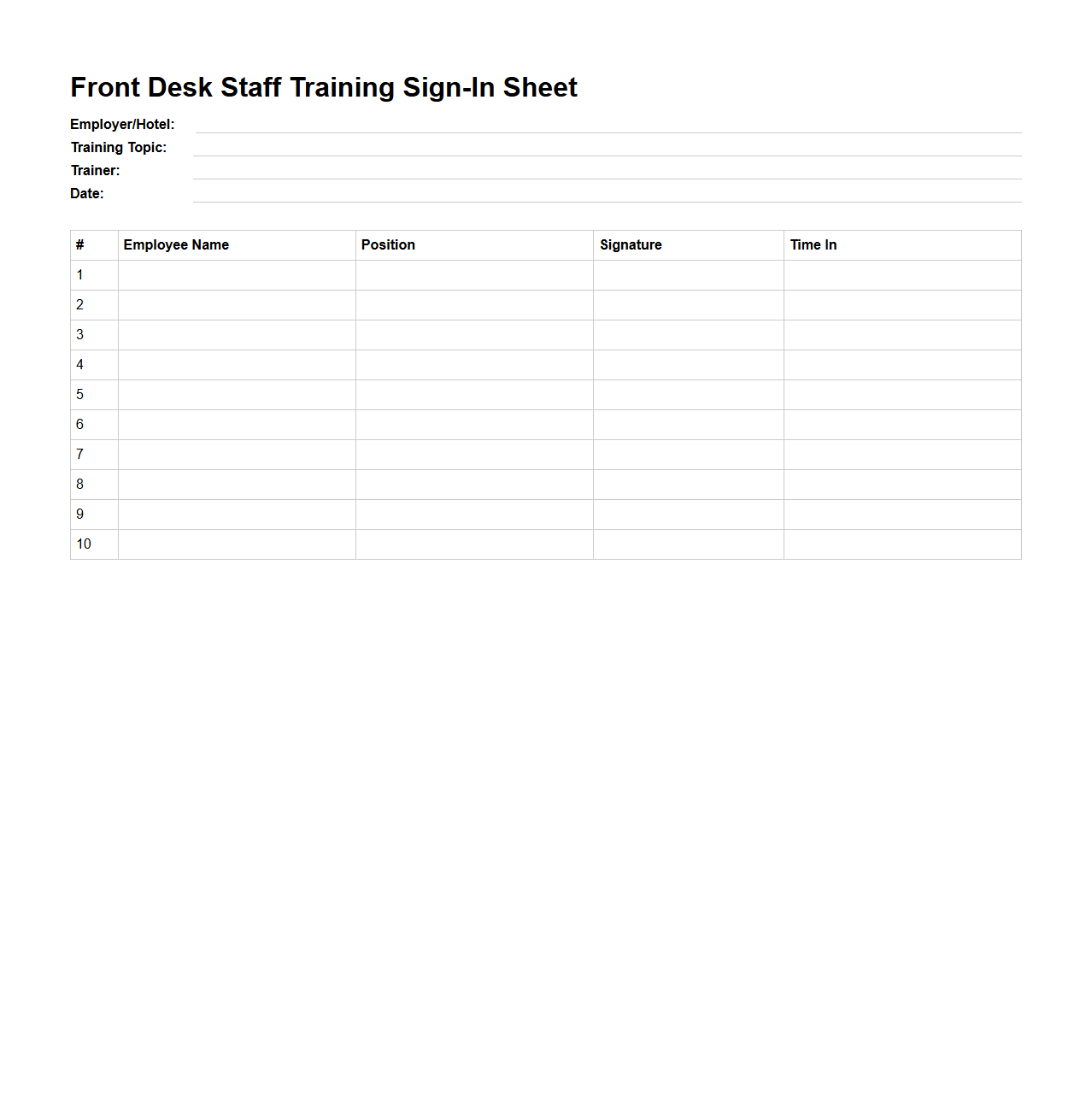 Front Desk Staff Training Sign-In Sheet for Hospitality Employers