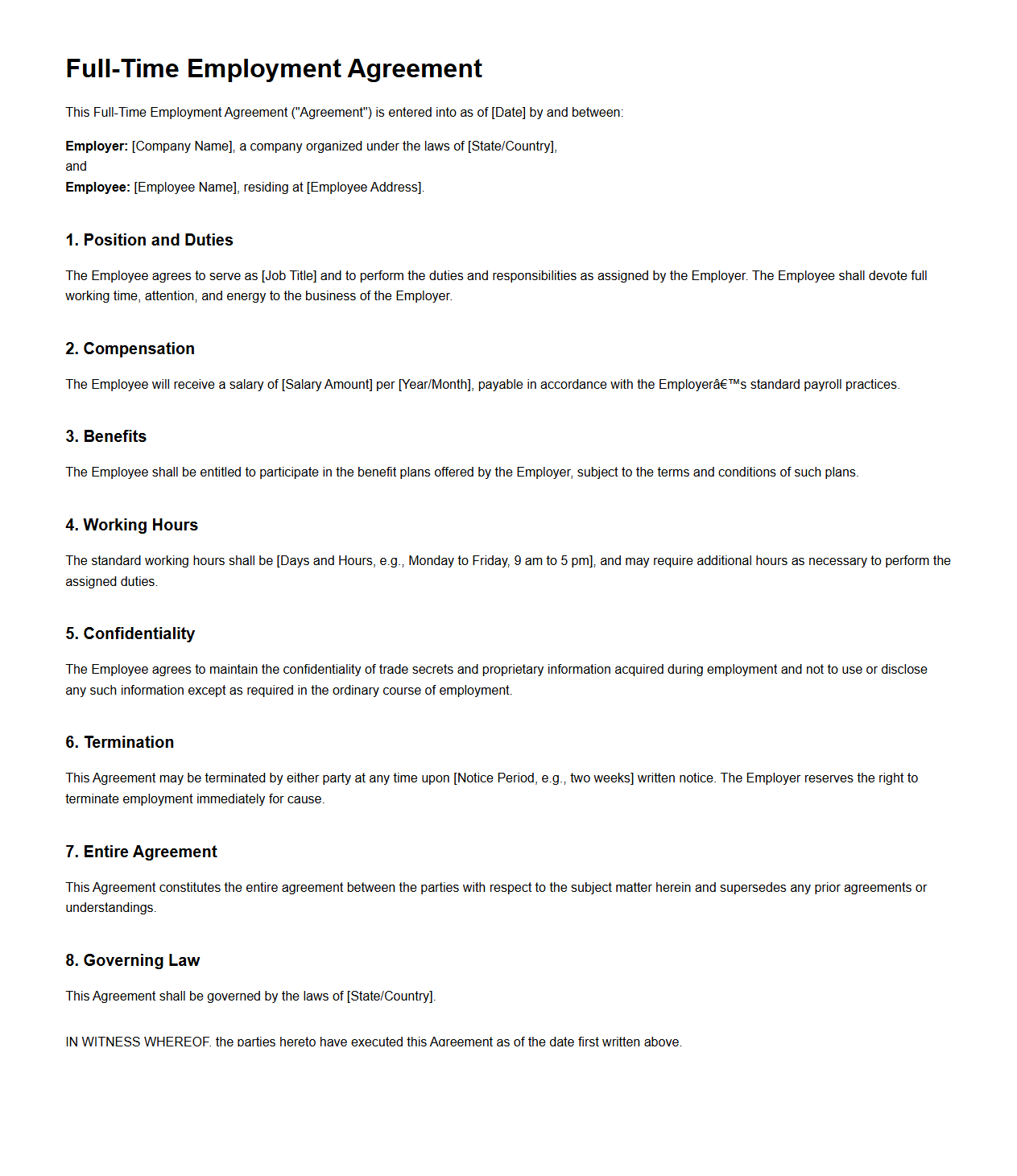 Full-Time Employment Agreement Template