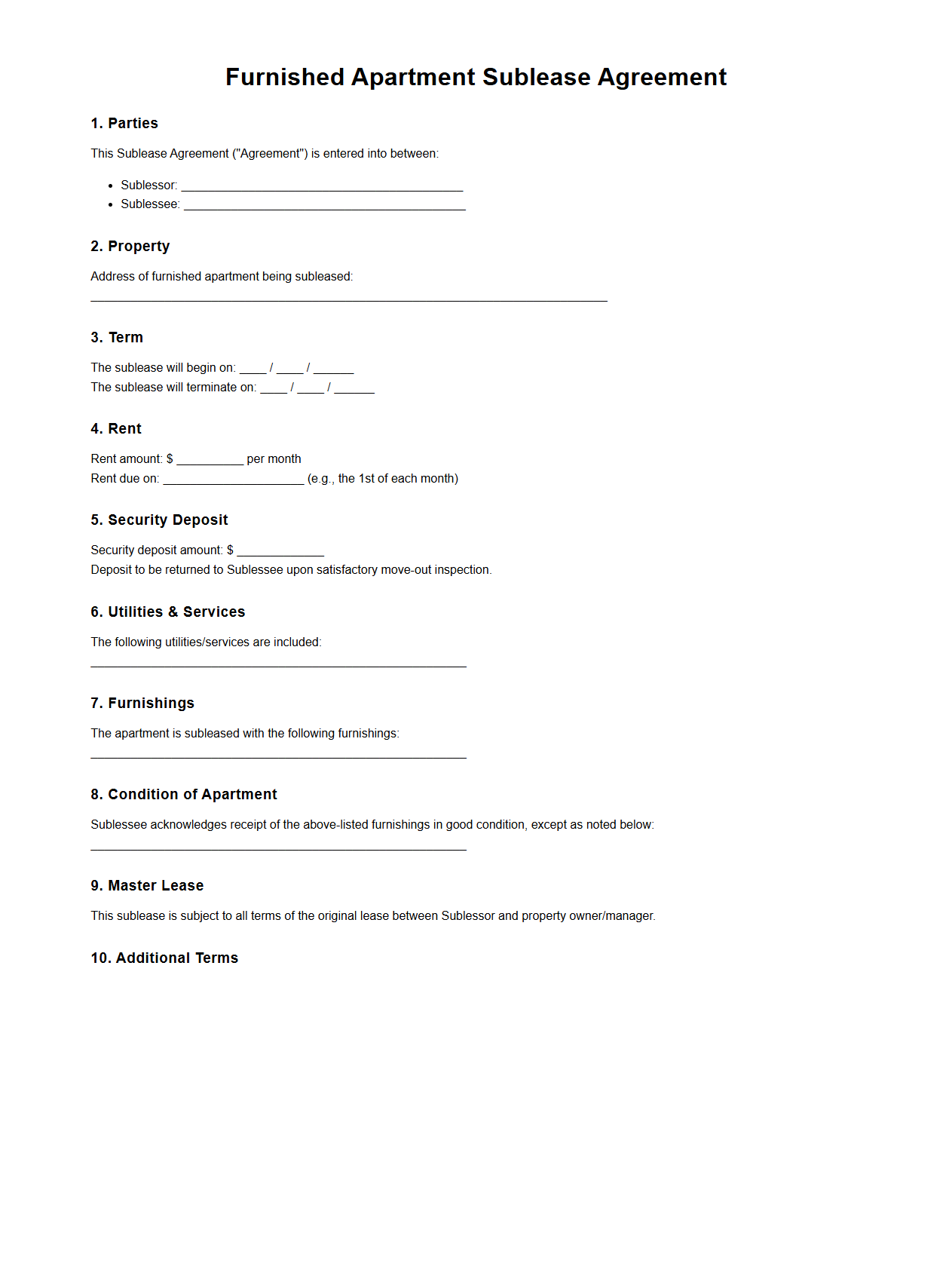 Furnished Apartment Sublease Sample