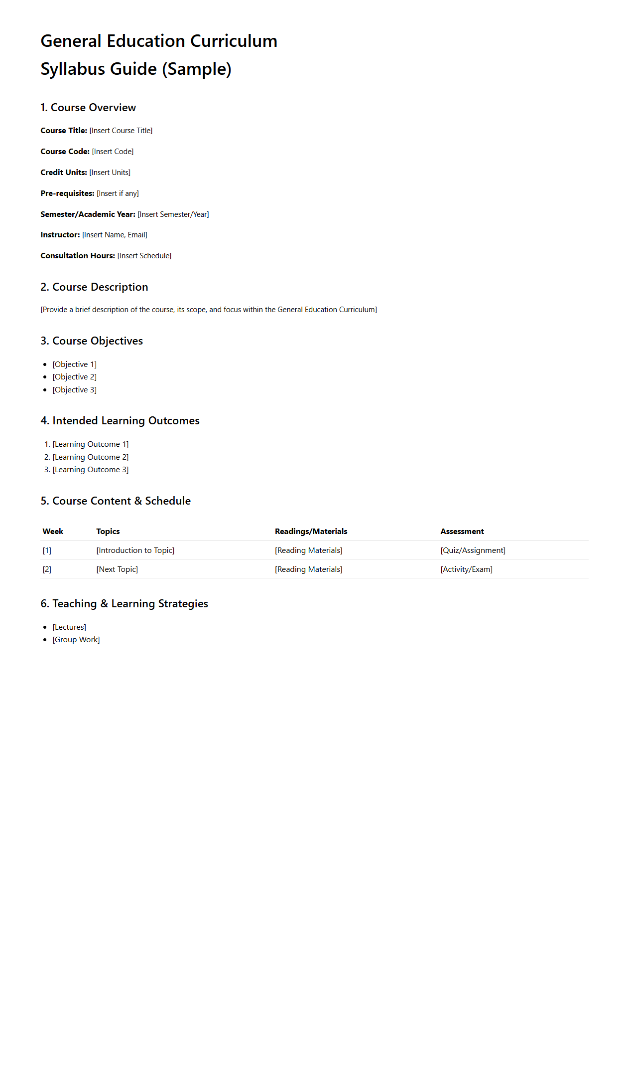 General Education Curriculum Syllabus Guide