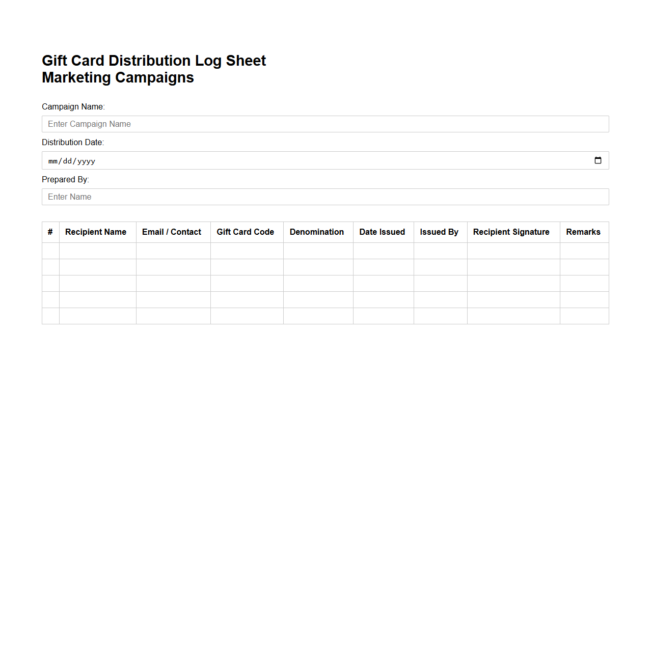 Gift Card Distribution Log Sheet for Marketing Campaigns