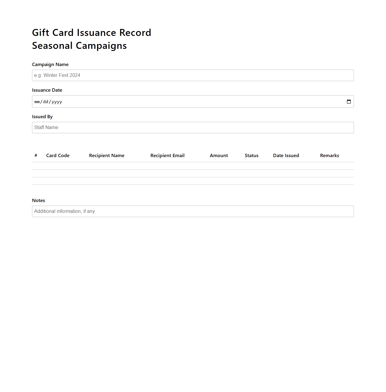 Gift Card Issuance Record for Seasonal Campaigns