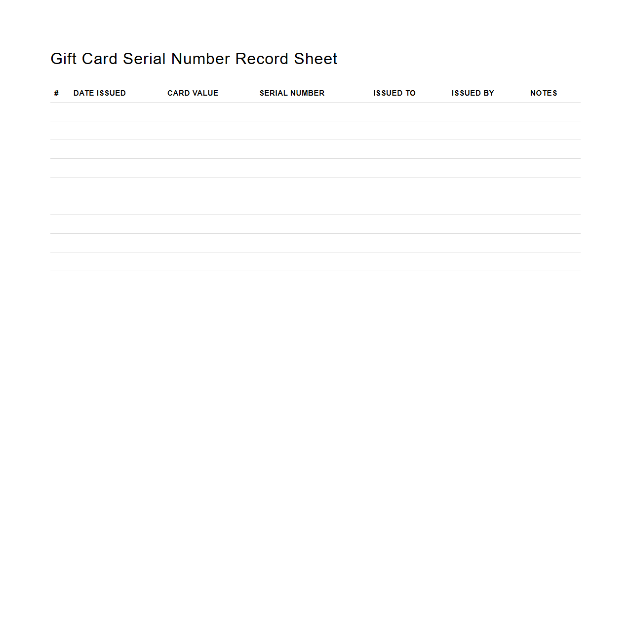 Gift Card Serial Number Record Sheet