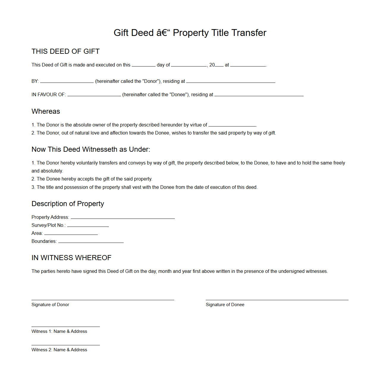 Gift Deed Property Title Transfer Sample