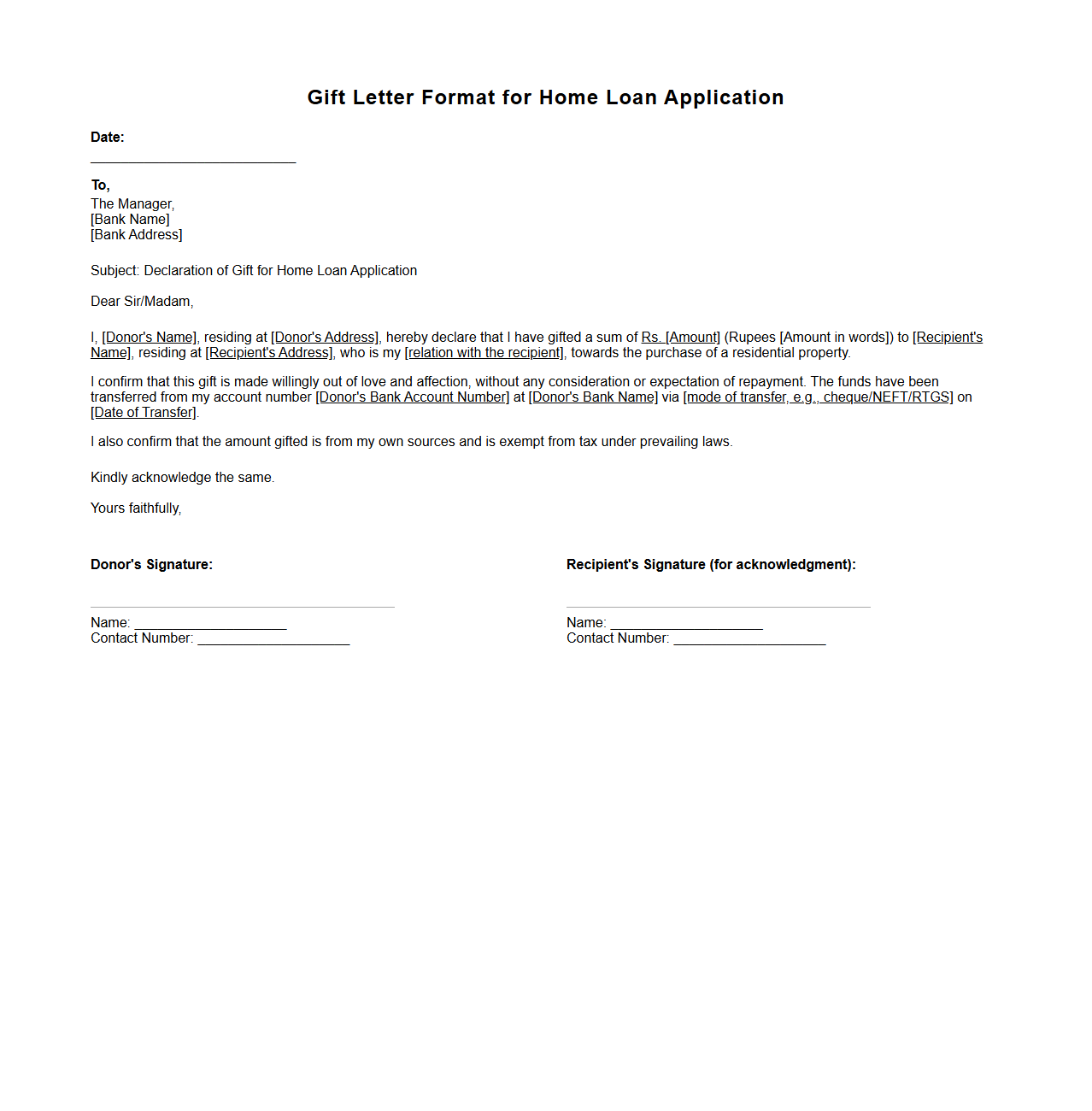 Gift Letter Format for Home Loan Application